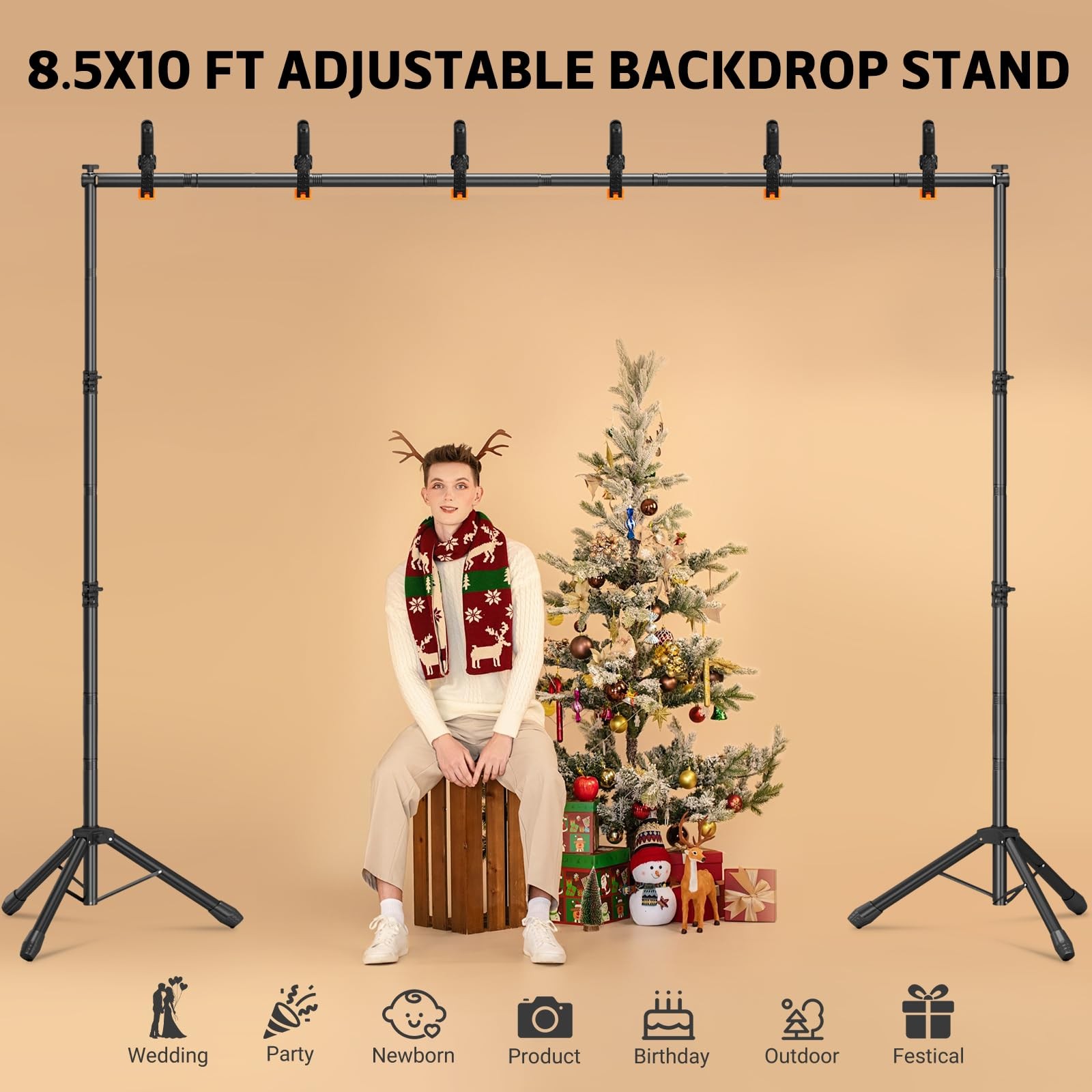 3-in-1 Backdrop Stand Kit 10×8.5 ft for Photography Studio, T-Shape Backdrops