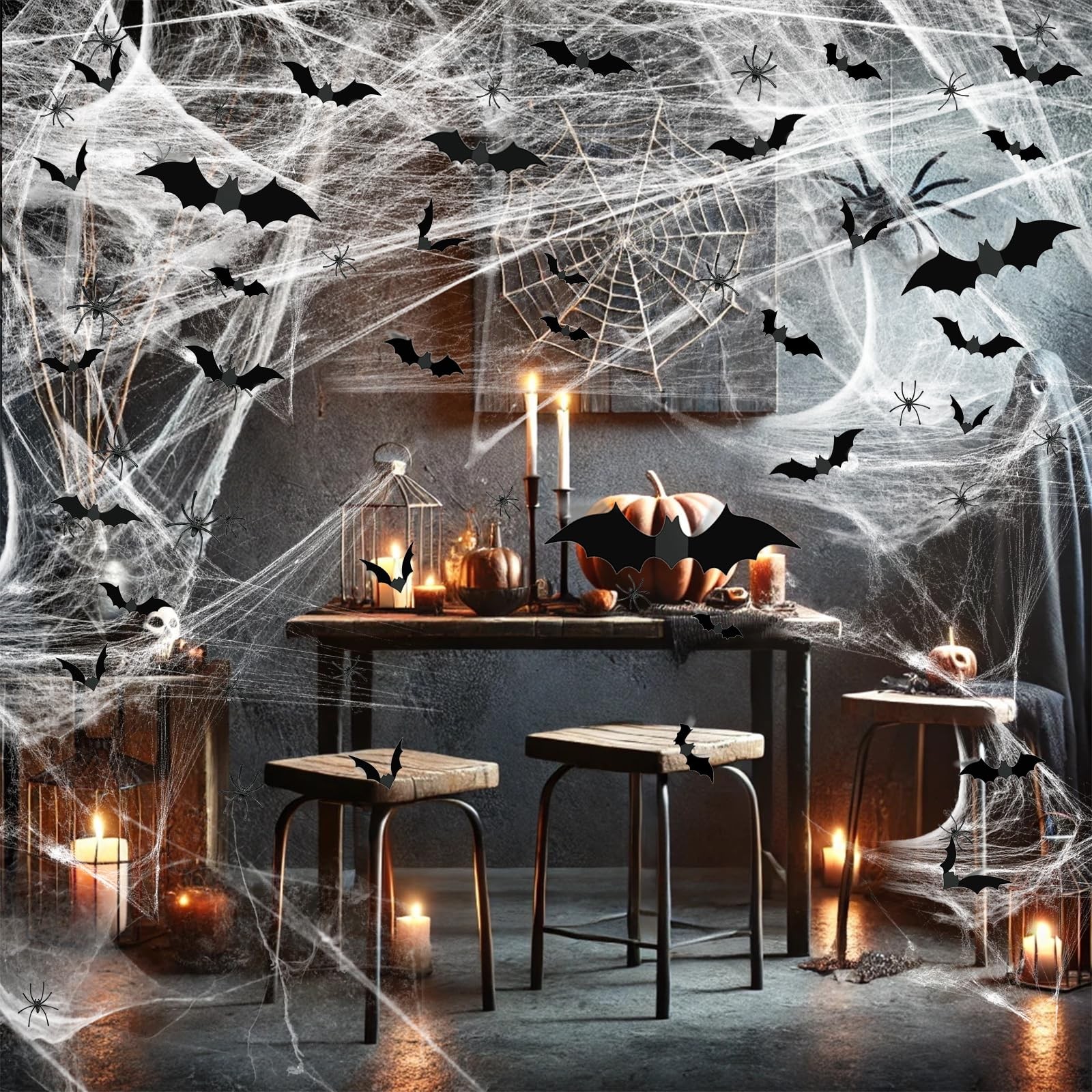 Halloween Spider Webs &120pcs Fake Bats 50pcs Fake Spiders Decoration 1200 sqft