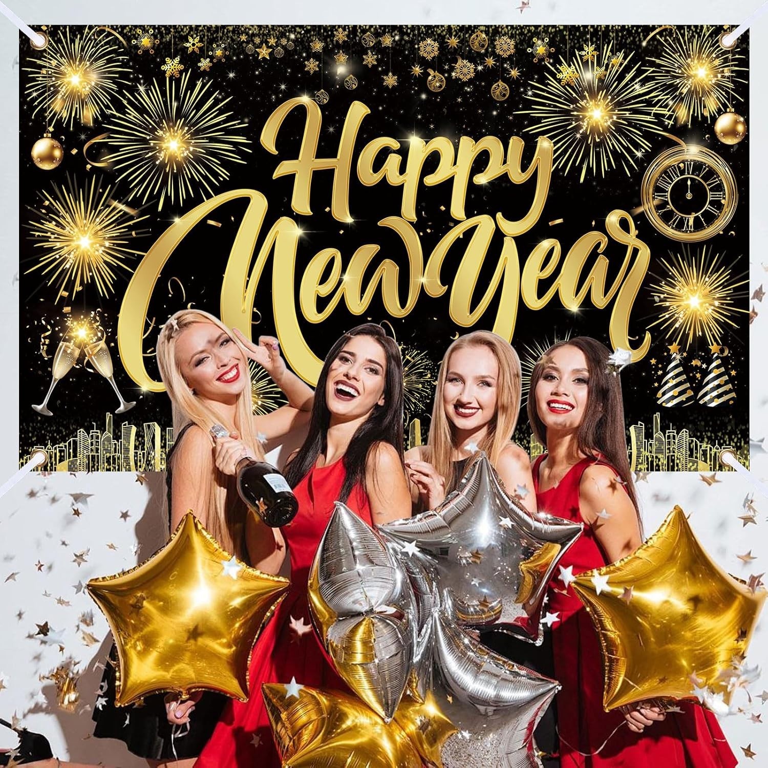 Famoby Happy New Year Fabric Sign Poster Banner Backdrop with Fireworks Large