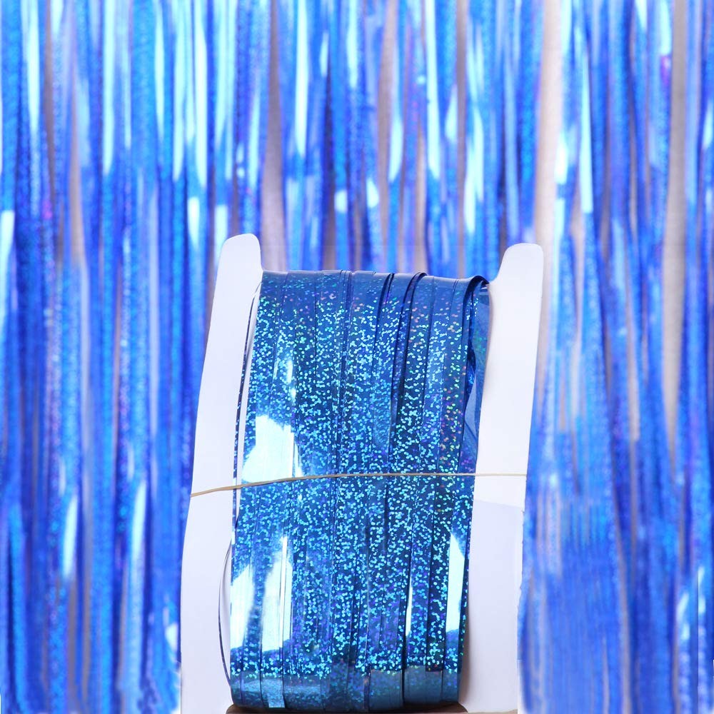 3.3×8.2FT Blue Foil Fringe Curtains Party Streamers Backdrop Decor 2 PCS
