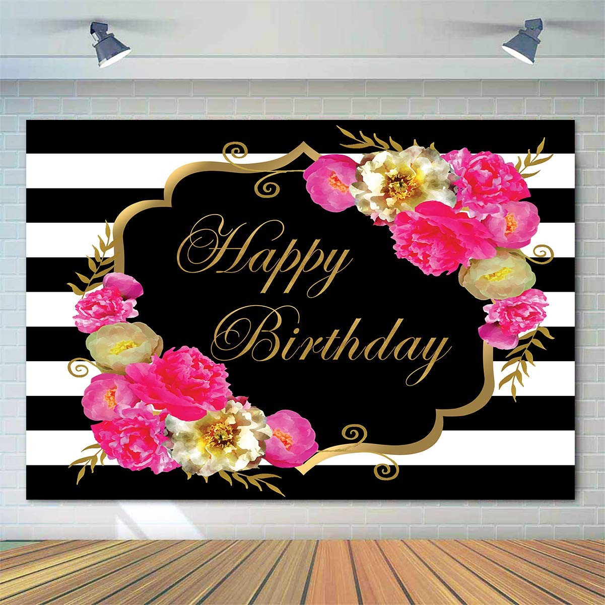 7x5ft Floral Happy Birthday Backdrop for Women Black White Stripe Background
