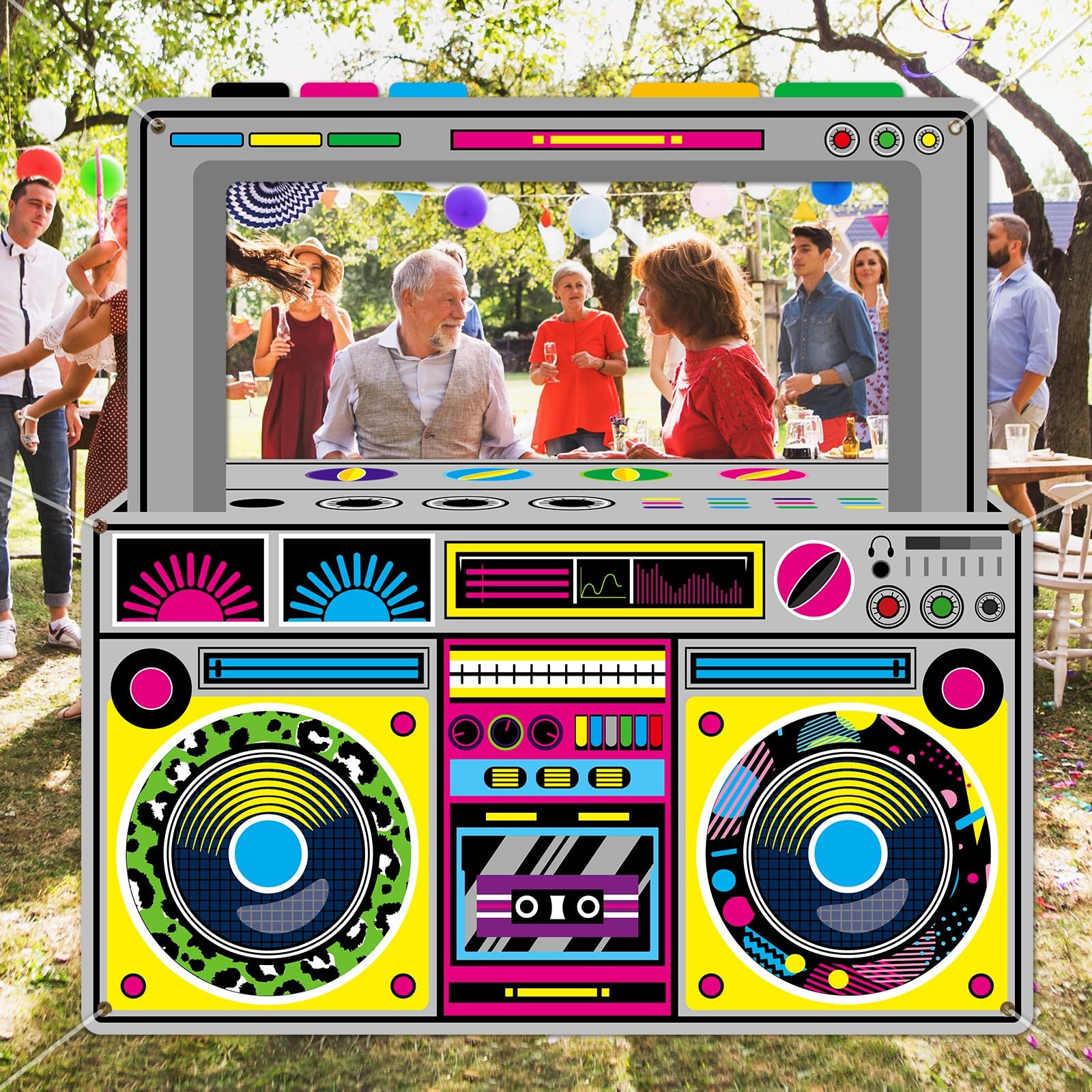 Fabric Radio Boombox Photo Booth Props for 90s 80s 59 x 59 inches, Multicolor