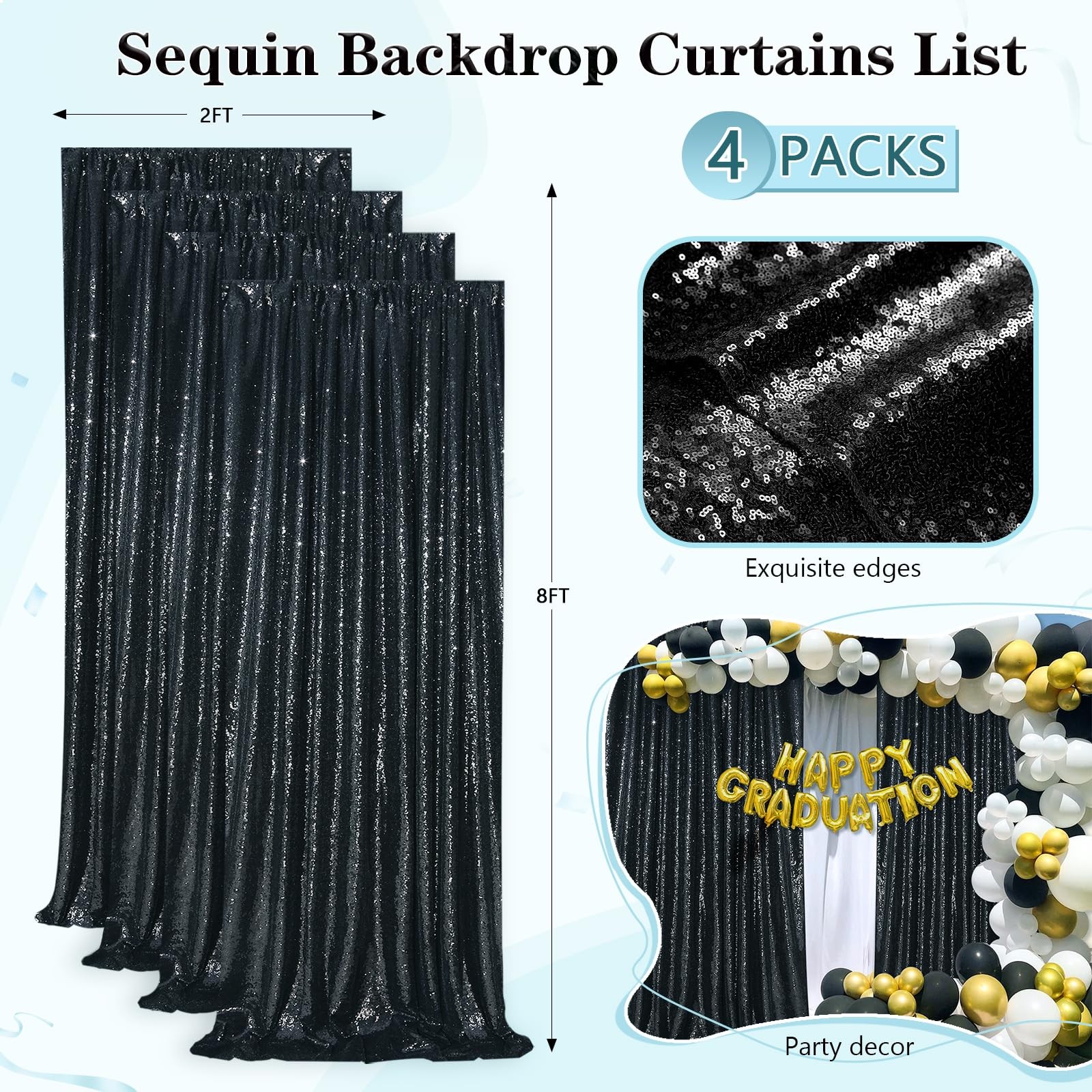 4 PCS 2x8FT Black Sequin Backdrop Curtains Halloween Party Wedding Decoration