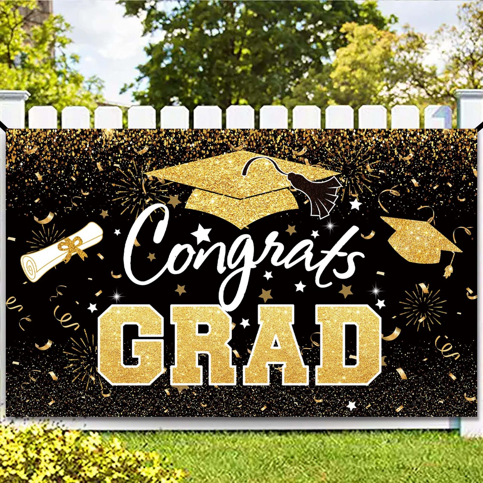 Graduation Party Decorations – Black Gold Congrats Grad Class of 2025 Backdro…