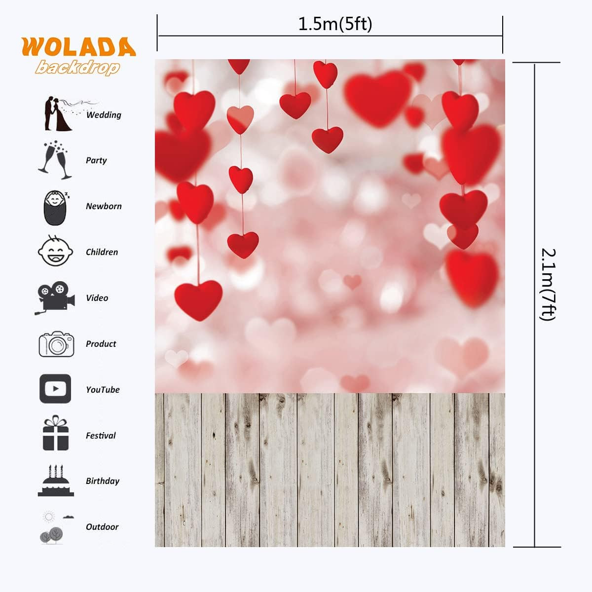 WOLADA Valentine Photography Backdrop – Red Heart Bokeh & Rustic Wood Photo Back