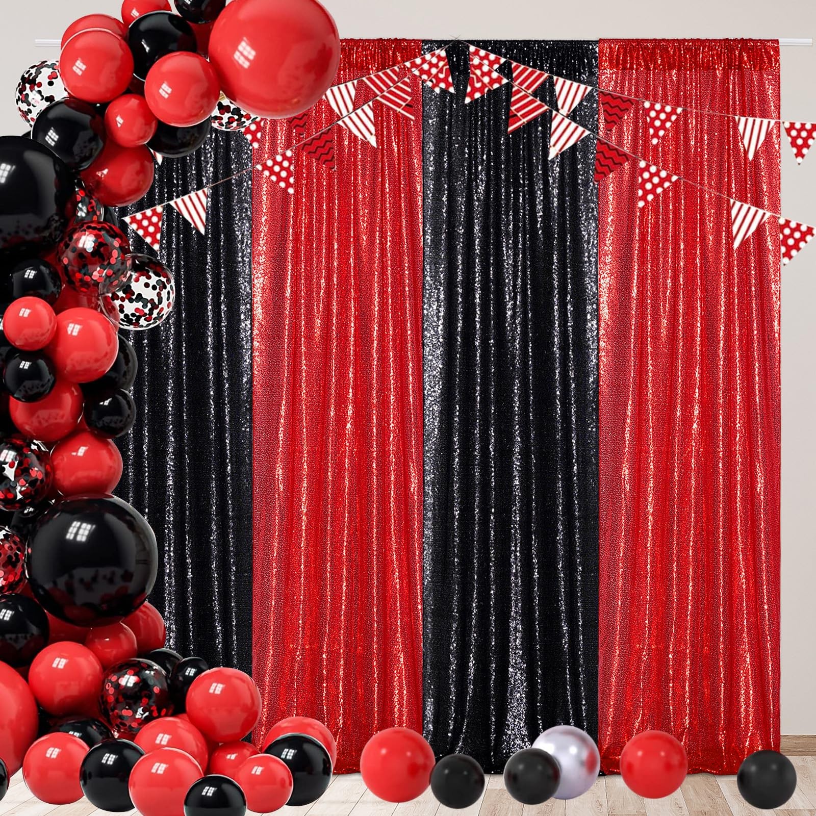 2x8ft Black Sequin Backdrop Curtains Glitter Background Wedding Party 4 PCS