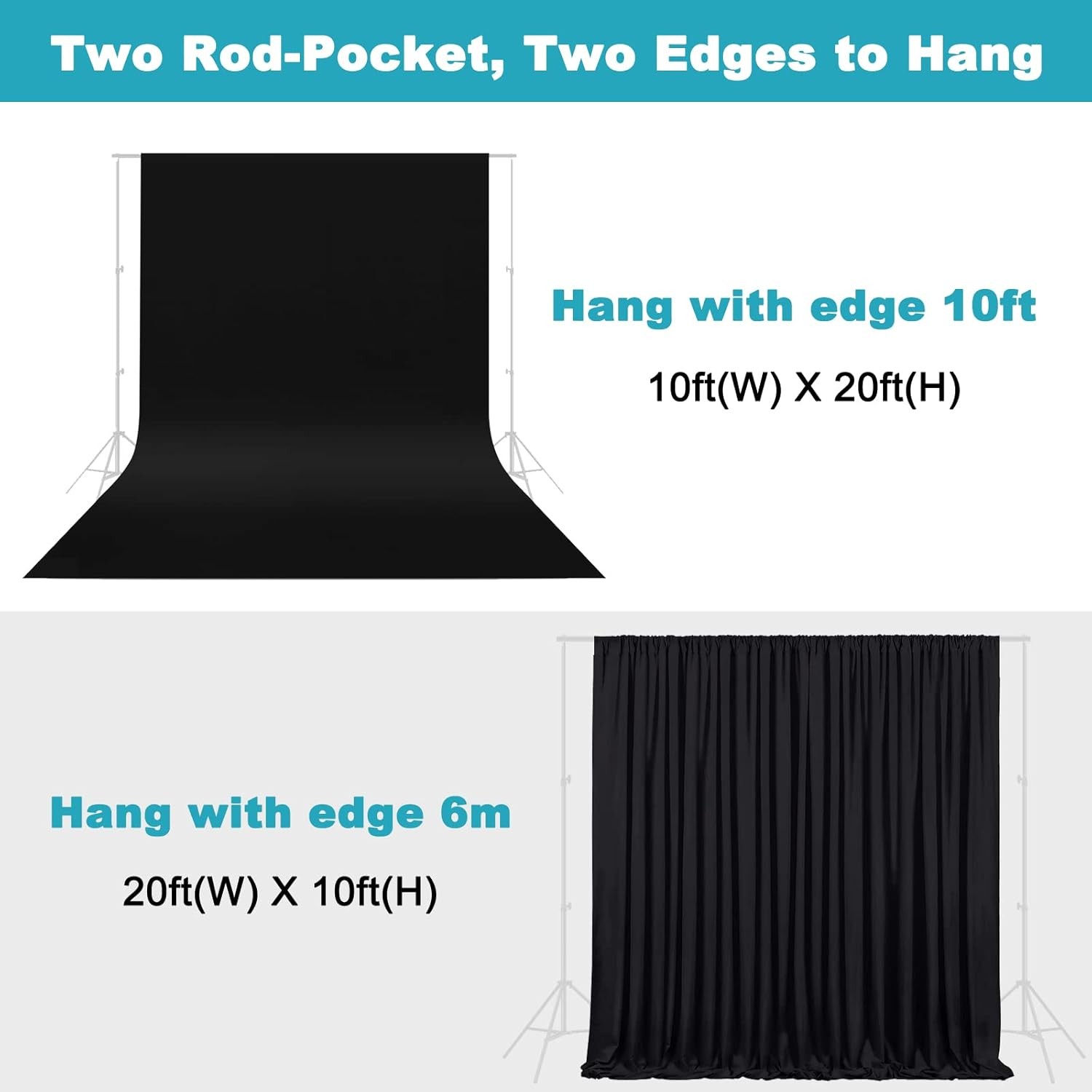 10x20ft Black Photo Backdrops for Photography, 2 Rod Pocket Backdrops Curtain