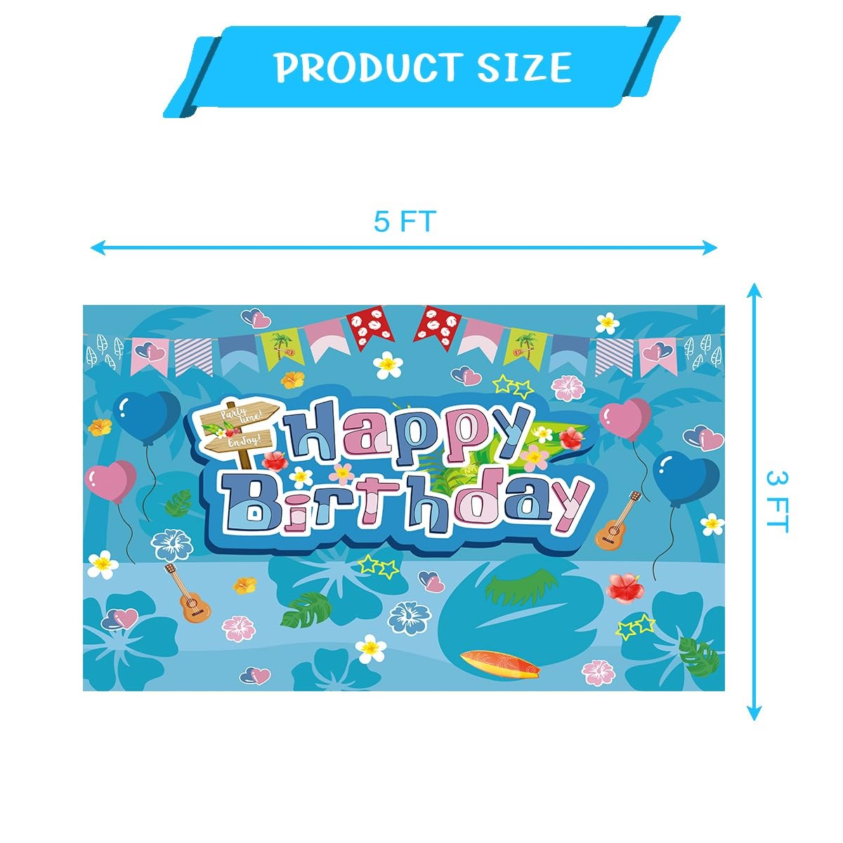 Blue and Pink Cartoon Birthday Party Backdrop, Hawaii Theme with Tropical Flo…