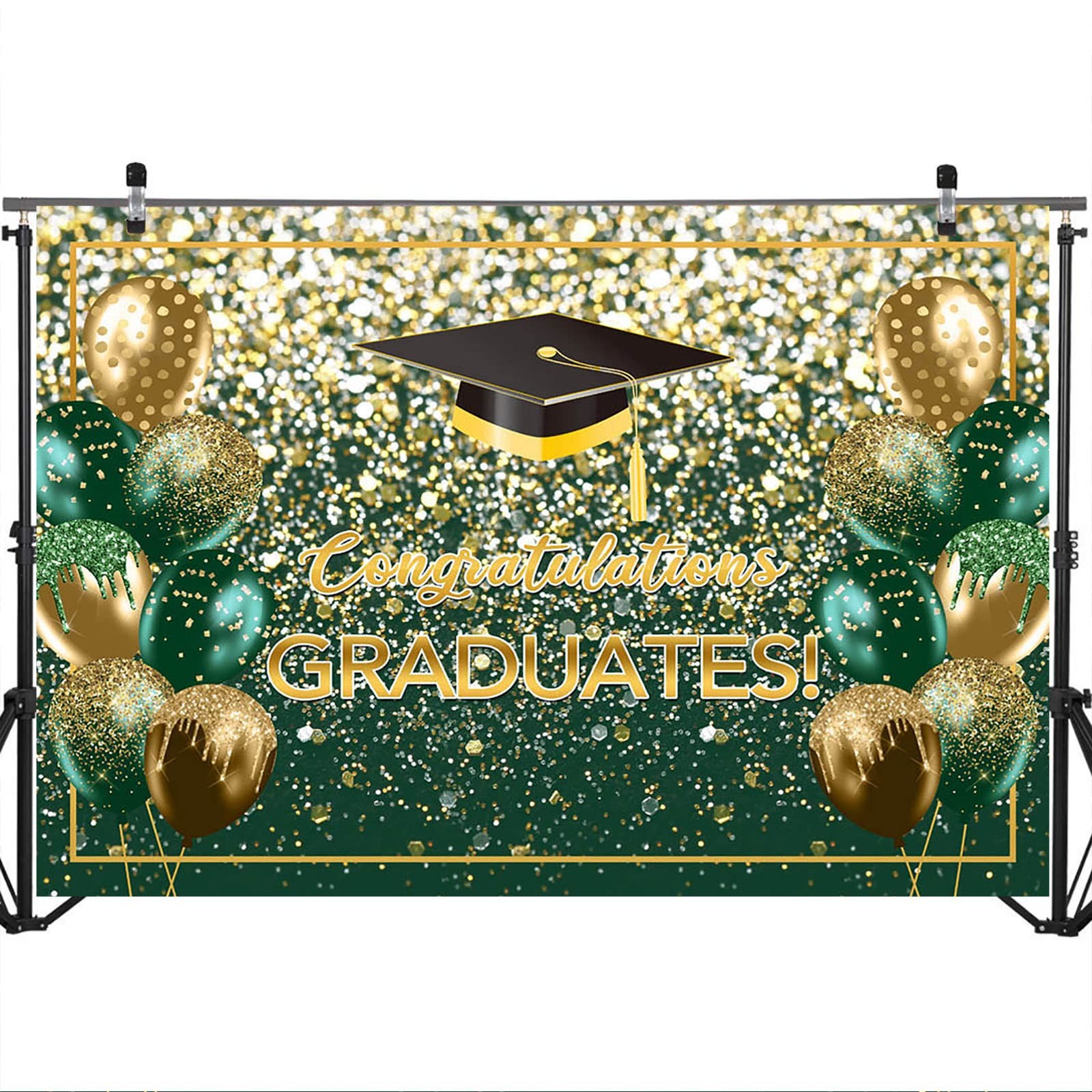 7x5ft Green, Gold Glitter Graduation Backdrop, Class of 2025, Congrats Grad