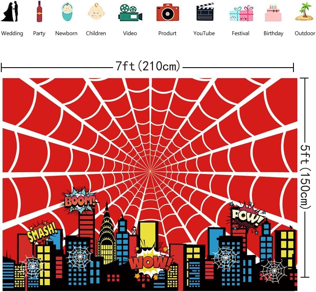 Red Spider Web Backdrop 7x5FT Cartoon City Super Heros 7x5FT: Bx23