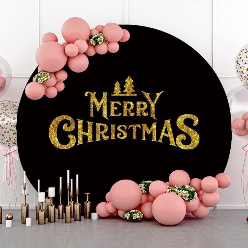 7.5×7.5ft Merry Christmas Round Backdrop Cover Gold Christmas Trees Black Gold