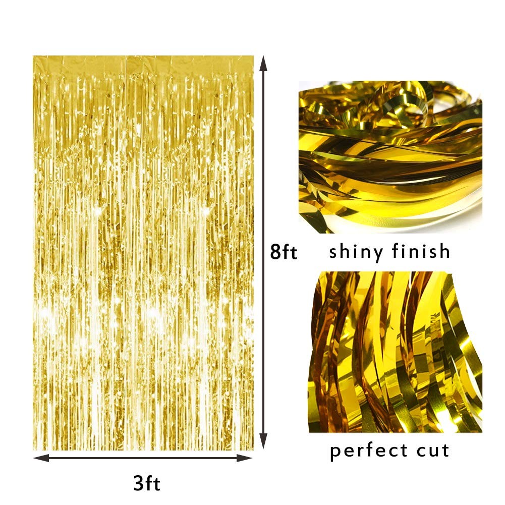 Black and Gold Tinsel Foil Fringe Curtains for New Year’s, Halloween, Graduation