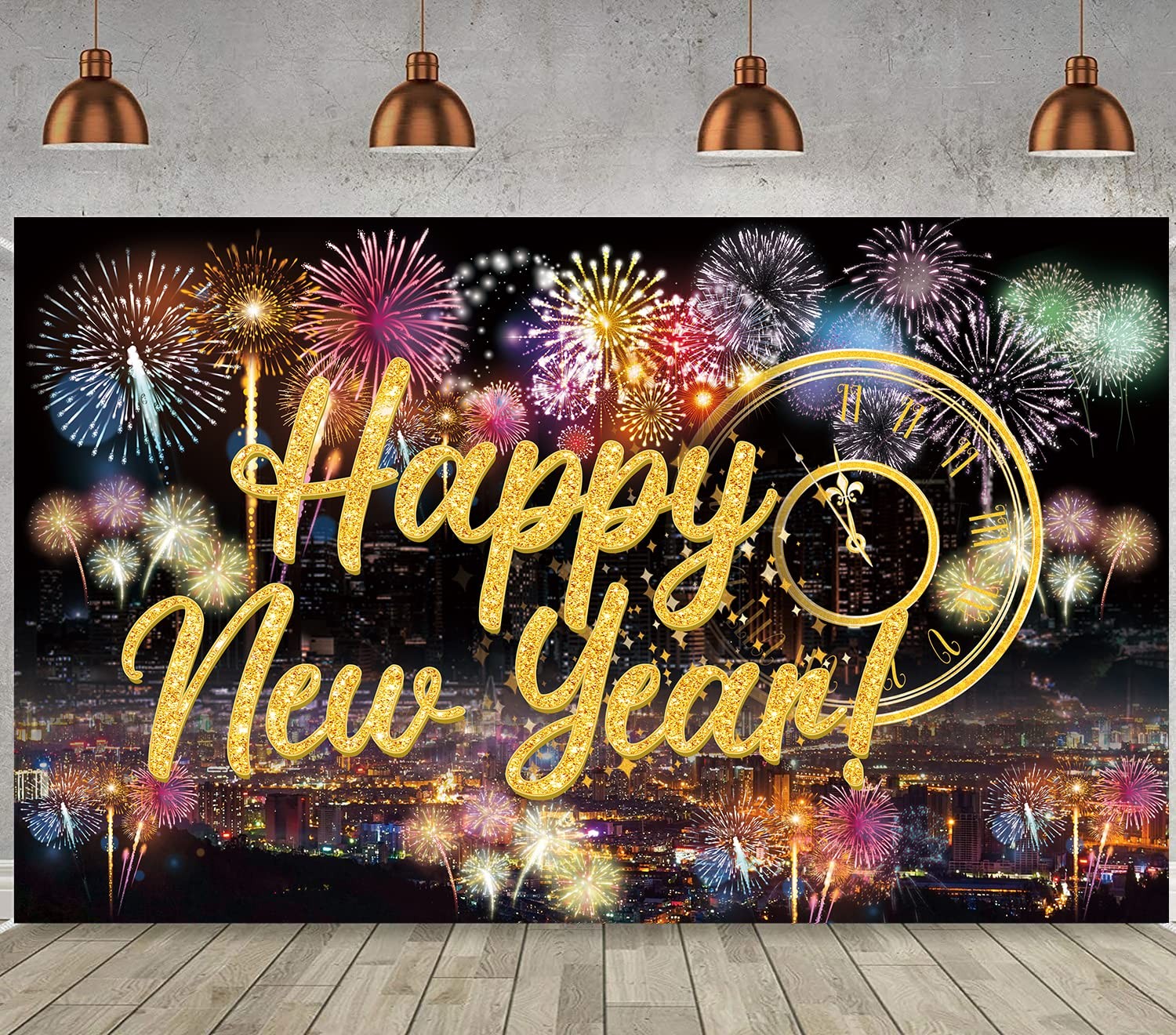 Famoby Happy New Year Fabric Sign Poster Backdrop with Fireworks for Large, b