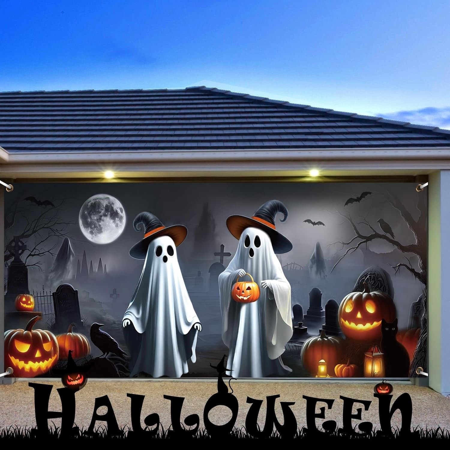 Preboun Halloween Ghost Garage Door 7 x 16 ft, as shown in the picture