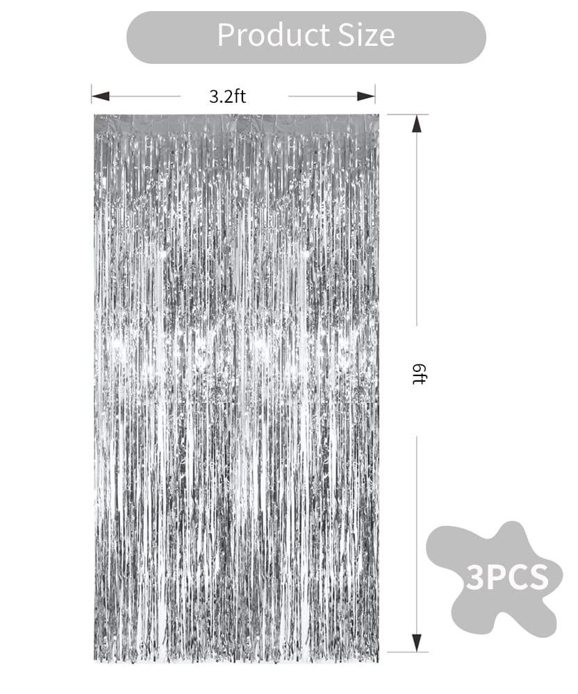 3 PCS Silver Metallic Tinsel Foil Fringe Curtains Photo Booth Backdrop