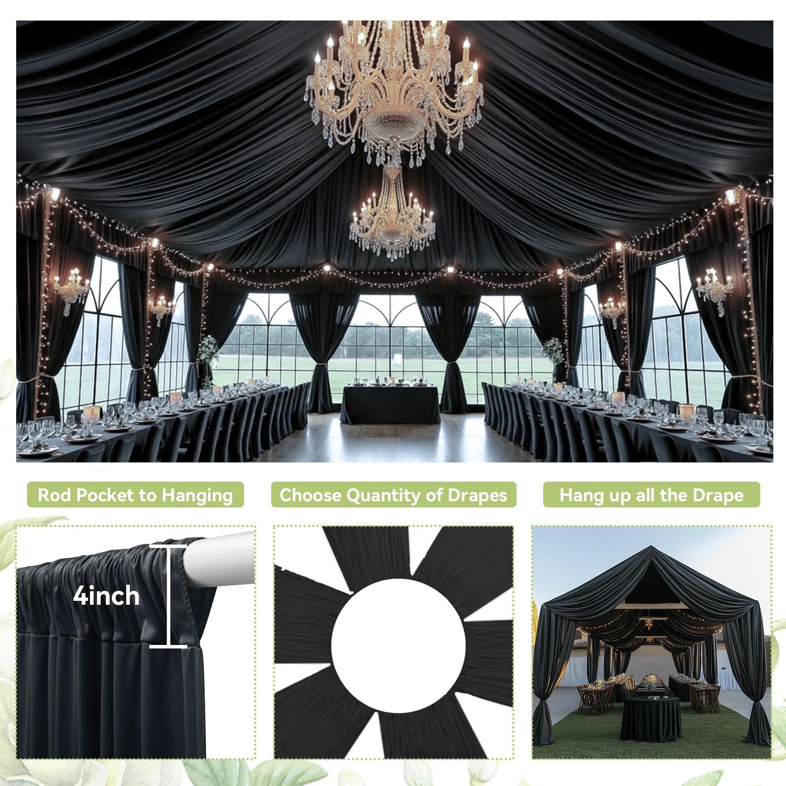 6 Panels 5ft(W) x 20ft(H) Black Ceiling 60″W x 240″L (Pack of 6),