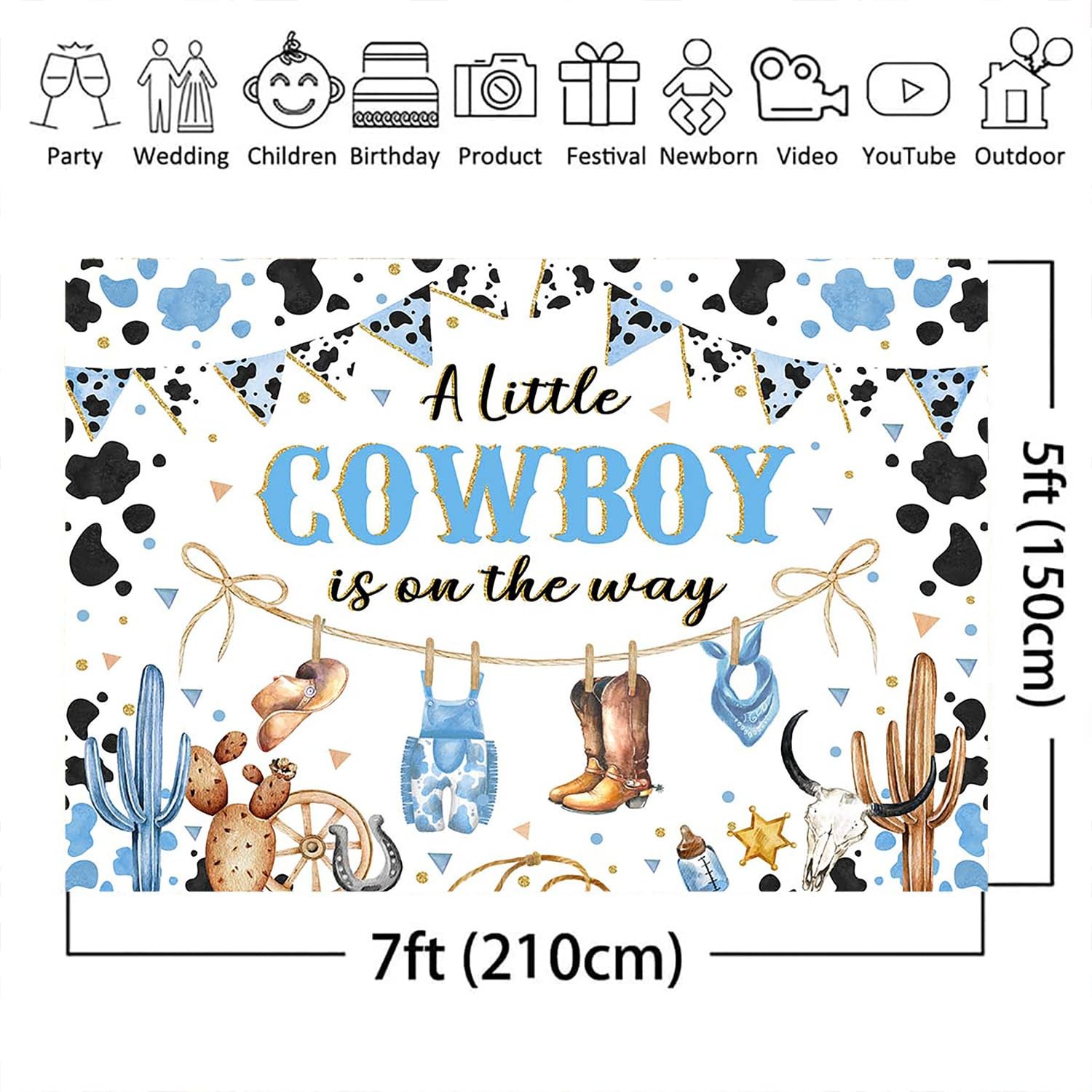 Mocsicka Cowboy Baby Shower Backdrop for Boy Blue A Little 7x5ft, blue