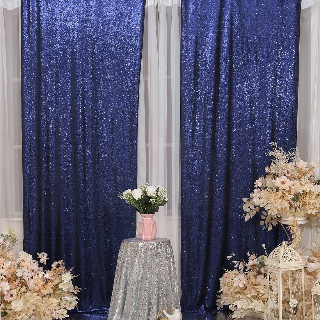 Sequin Backdrop Curtain 2FT x 8FT Navy Blue 2pcs Curtain Background for Weddi…