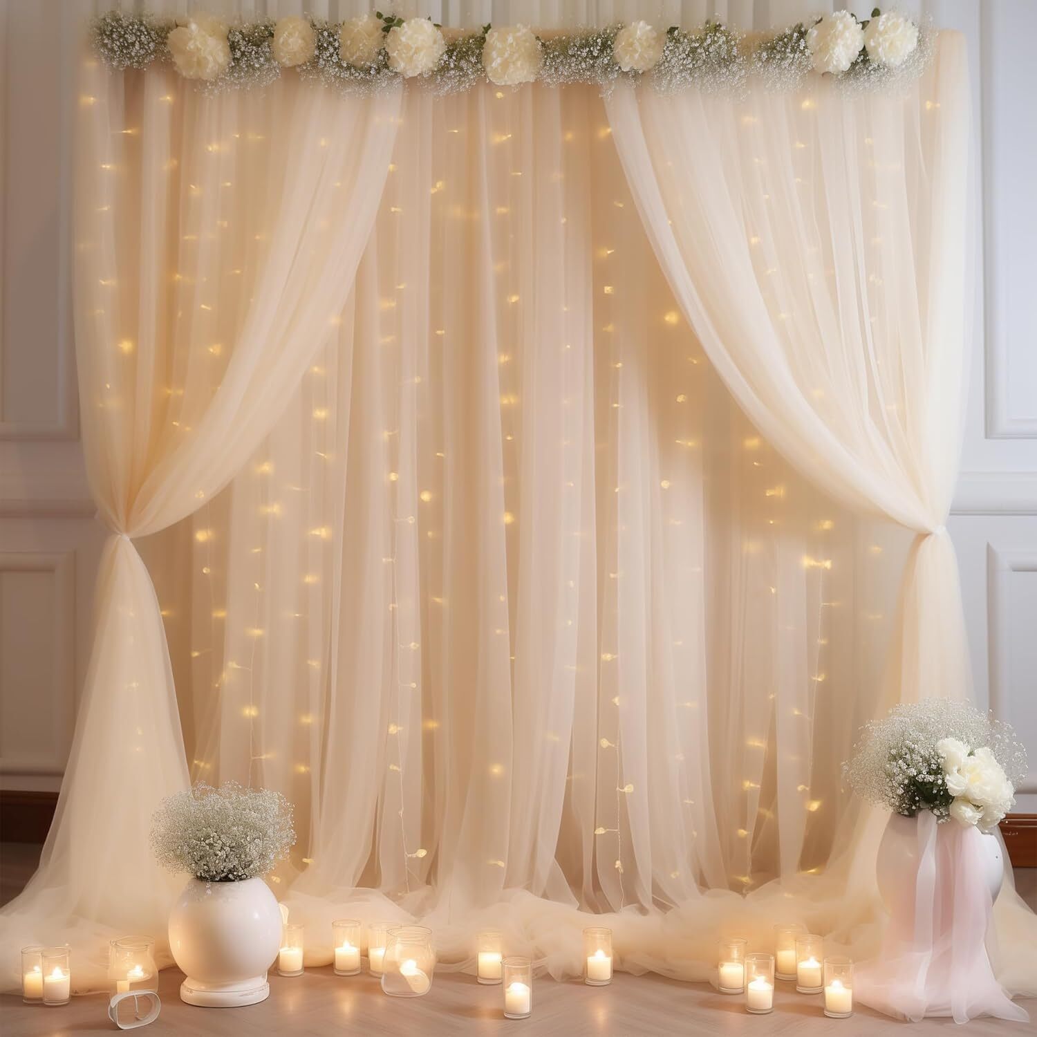 10×10ft Champagne Tulle Backdrop Curtain with Lights 10ftx10ft,