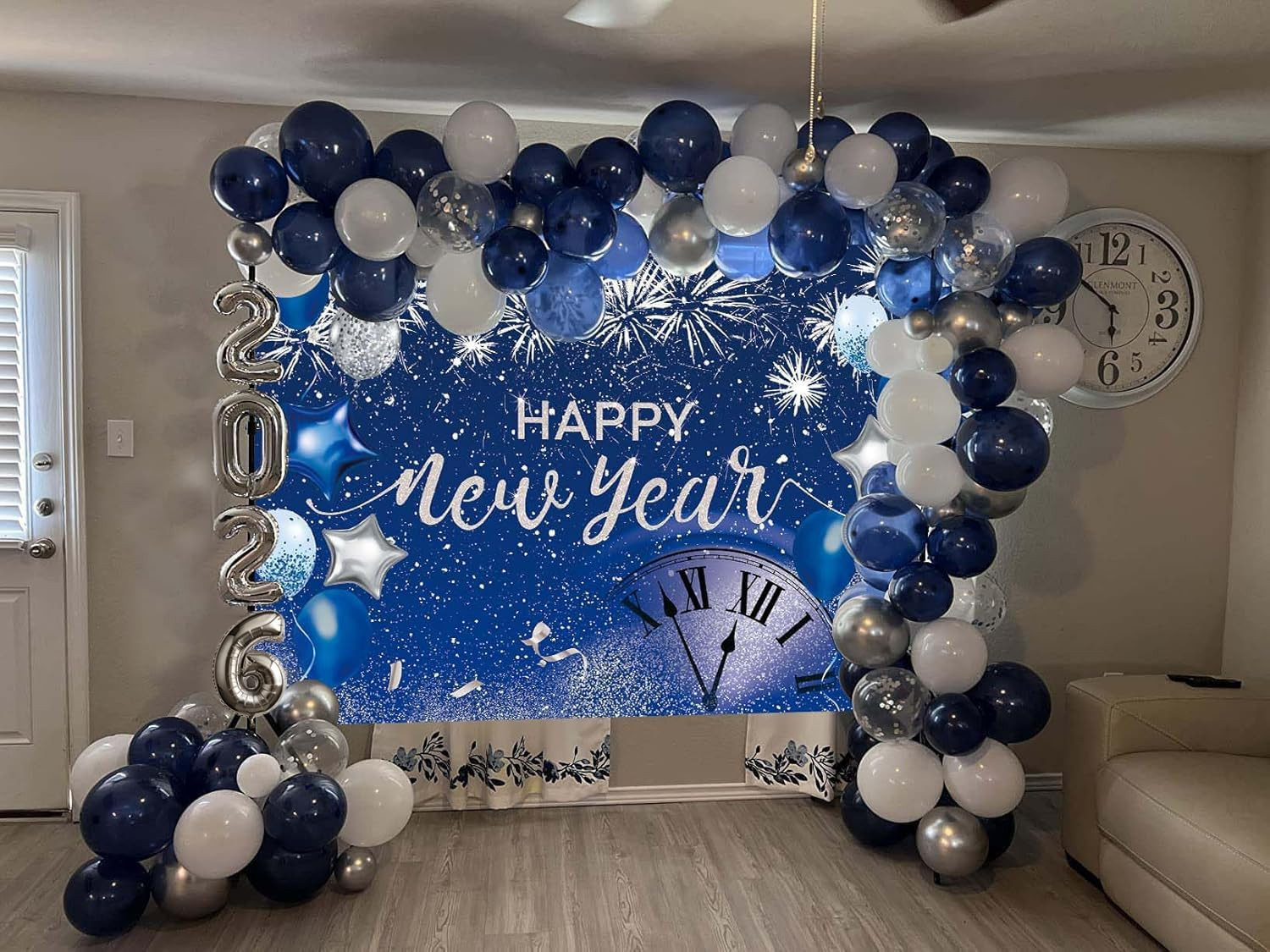 Happy New Year Backdrop 2026 Glitter Blue Fireworks New Years Eve Photography Ba