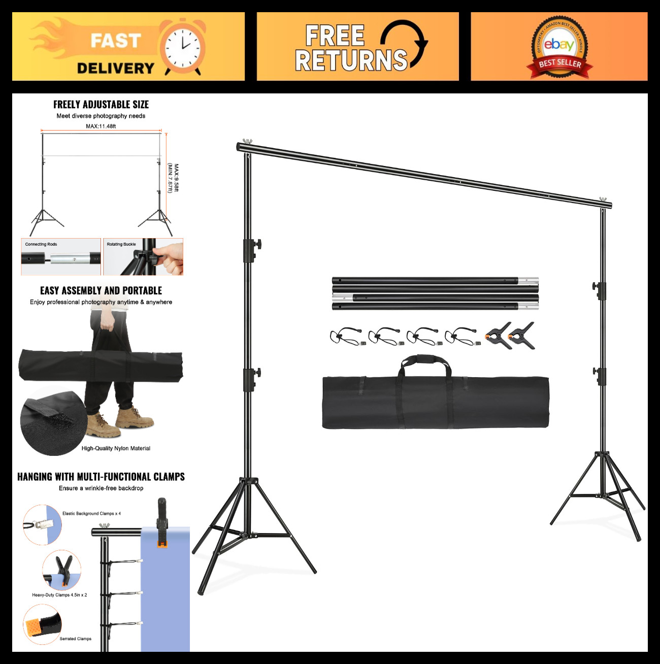 Heavy Duty Adjustable Backdrop Stand 11.5×9.6ft with Clamps & Carry Bag – Photog