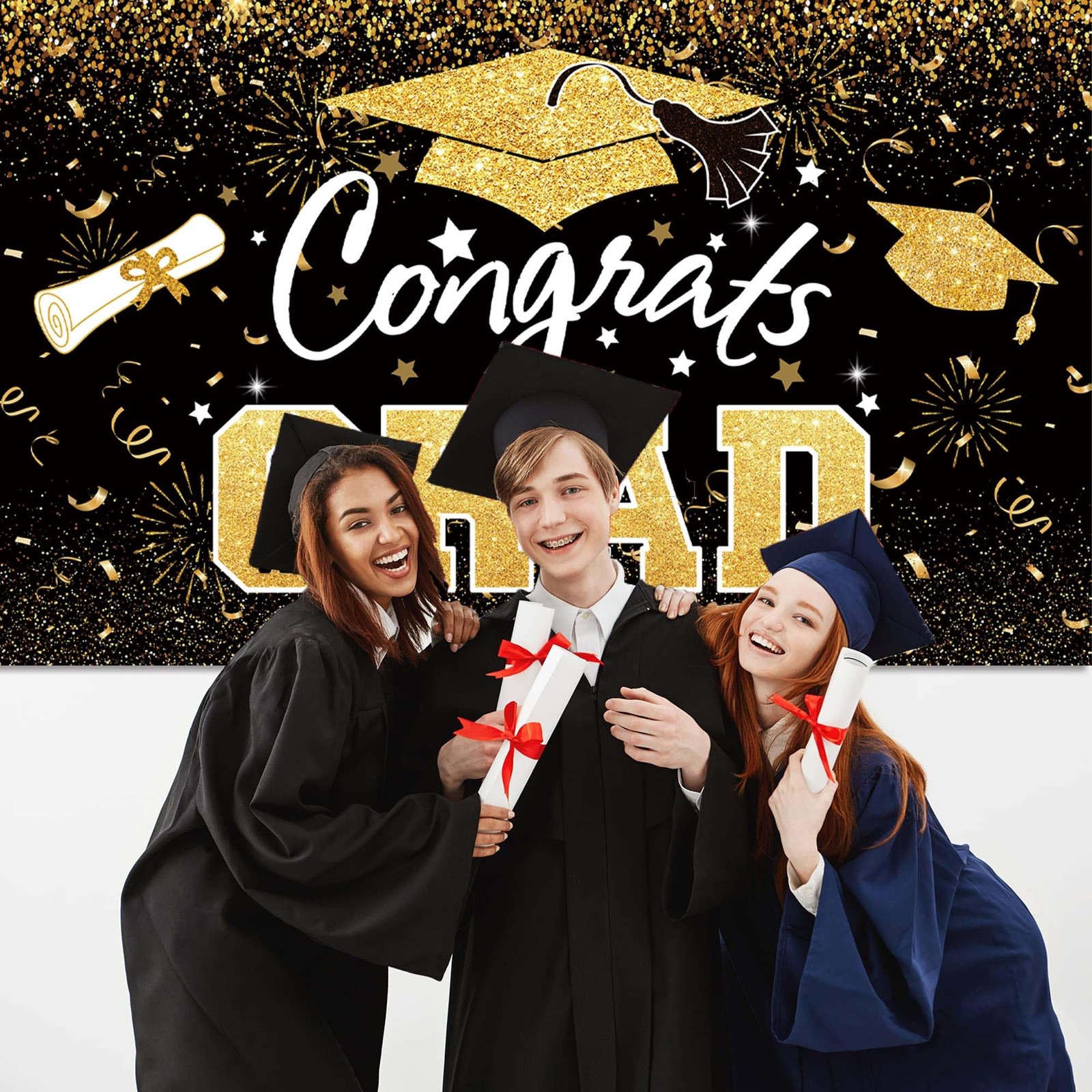 Graduation Party Decorations – Black Gold Congrats Grad Class of 2025 Backdro…
