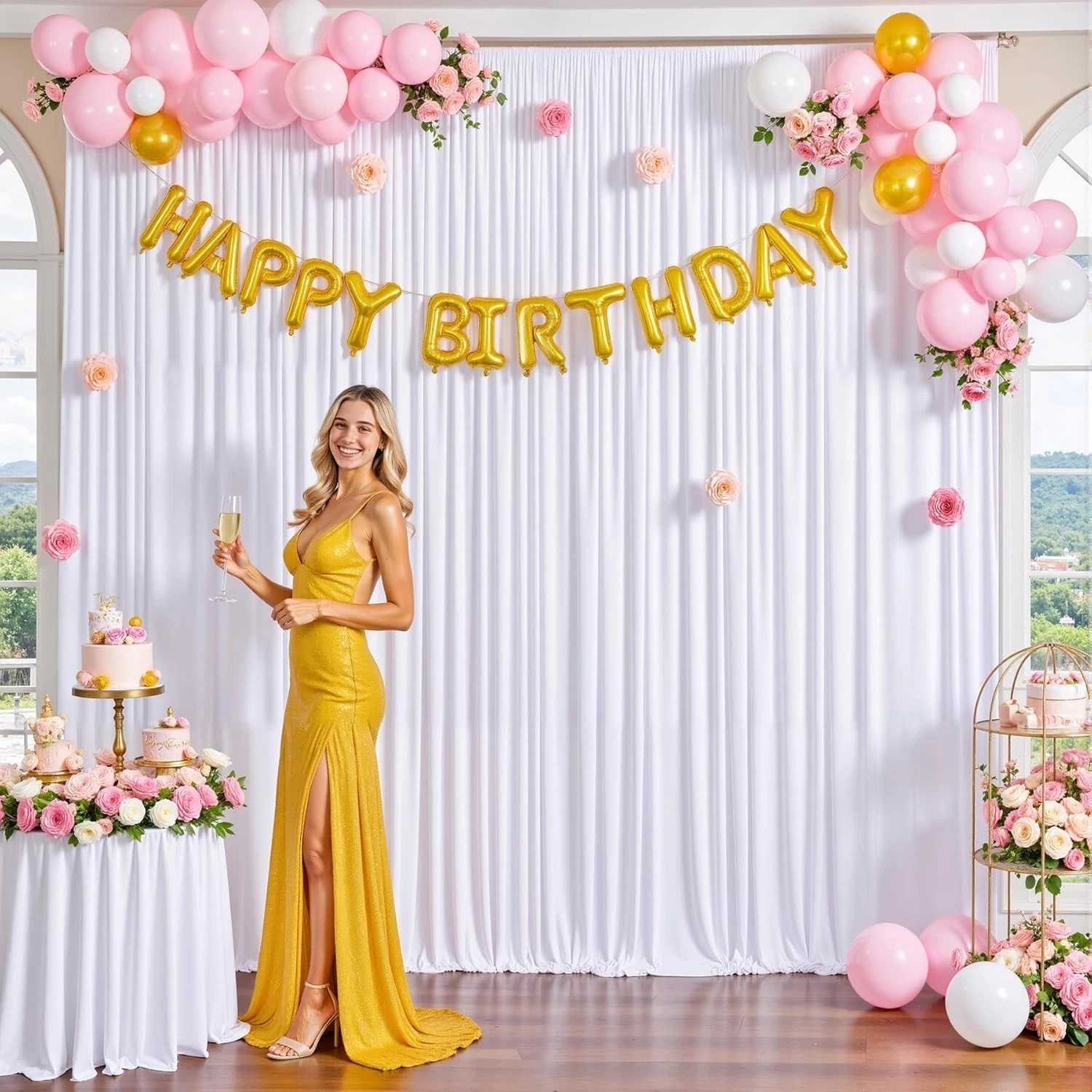 8-Pack White Wrinkle-Free Backdrop Curtains 40ft x 10ft for Parties & Events