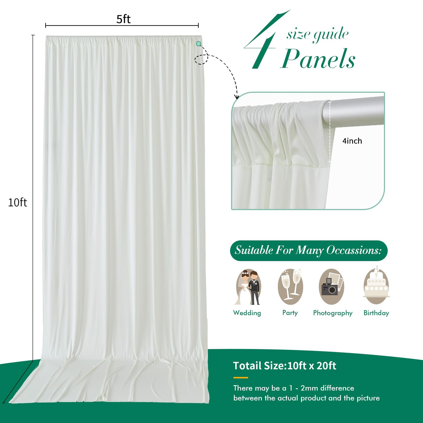 20 ft x 10 ft Free Ivory Backdrop Curtain for Wedding Parties, Polyester Ivor…