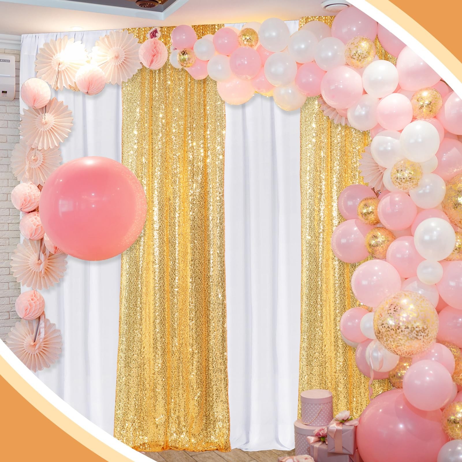 4 PCS Backdrop Curtains 2 Sequin Glitter 4×10 ft 2 Chiffon 7×10 ft White Gold