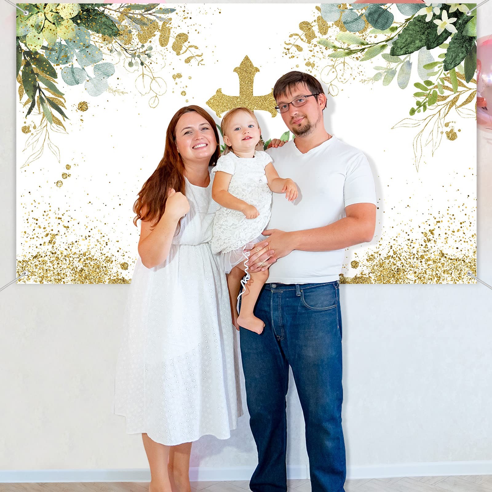 71×43 inch White Green God Bless Baptism Backdrop First Communion Decor