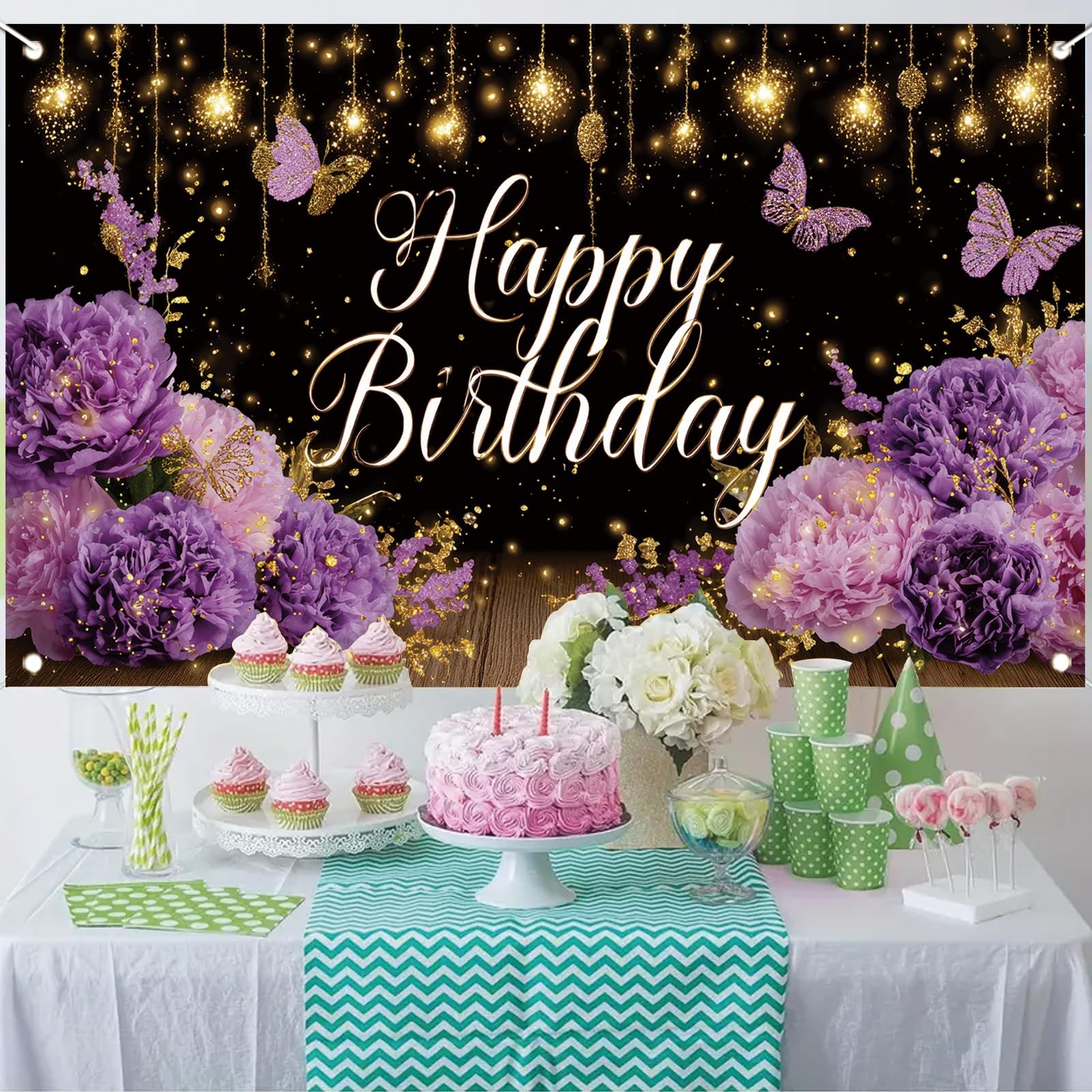 Purple Happy Birthday Backdrop 71 x 43 Inch Floral Butterfly Gold Glitter Photog