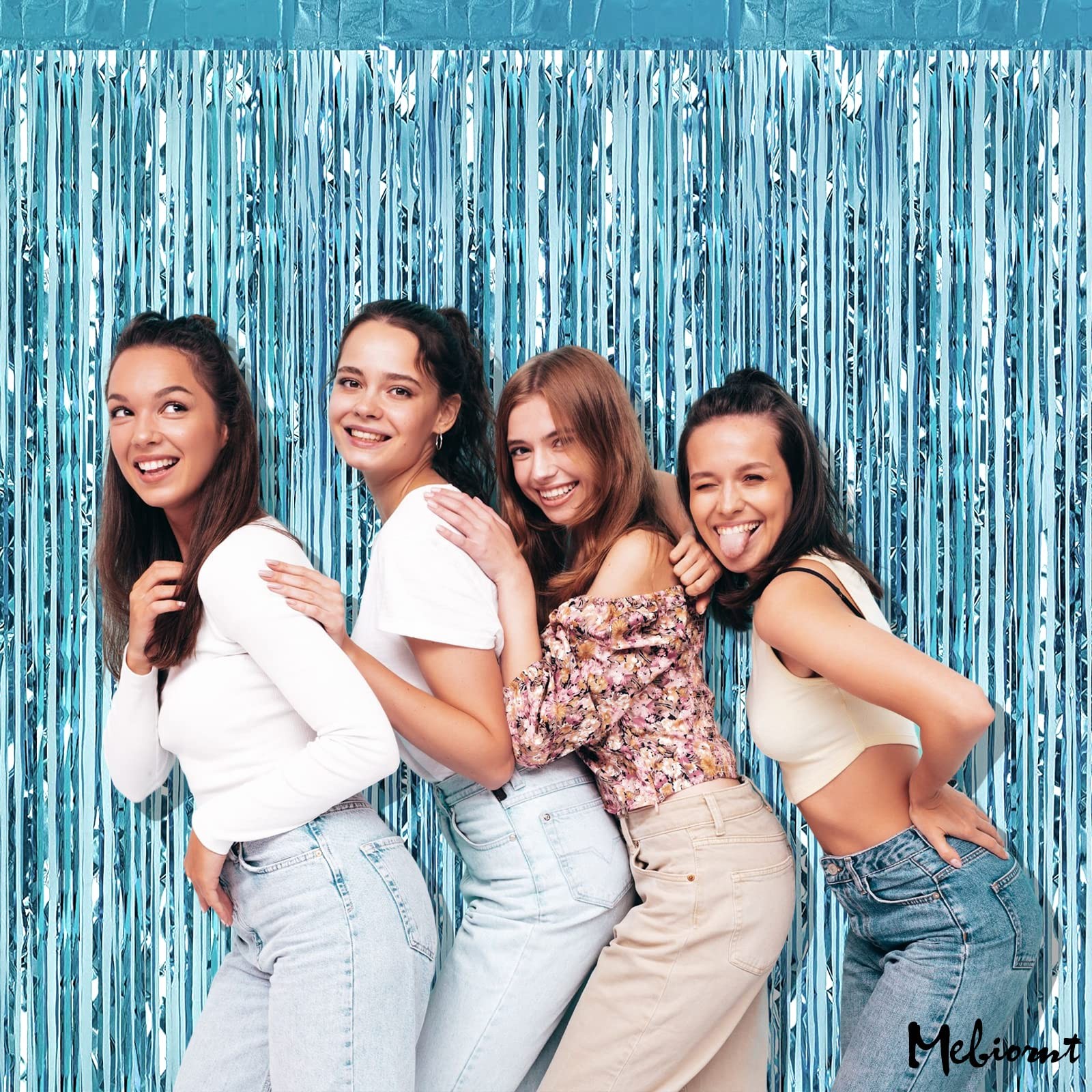 Light Blue Foil Fringe Curtain Backdrop Metallic Streamers 3.2×6.6 4 PCS