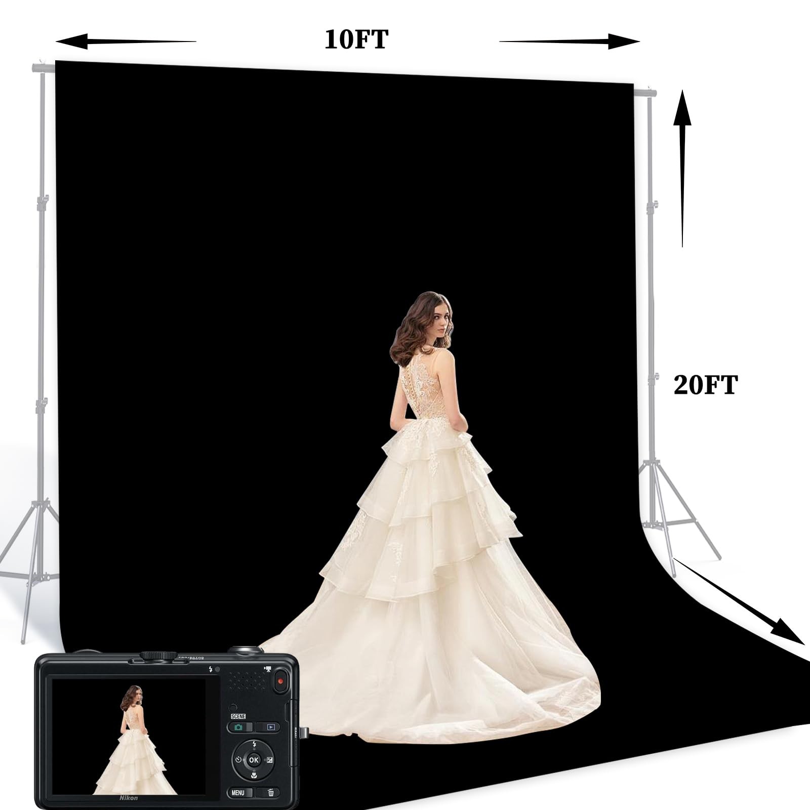 Black 10 x 20 Ft Large Photography Backdrop Screen, Black Non-Reflective Fabr…