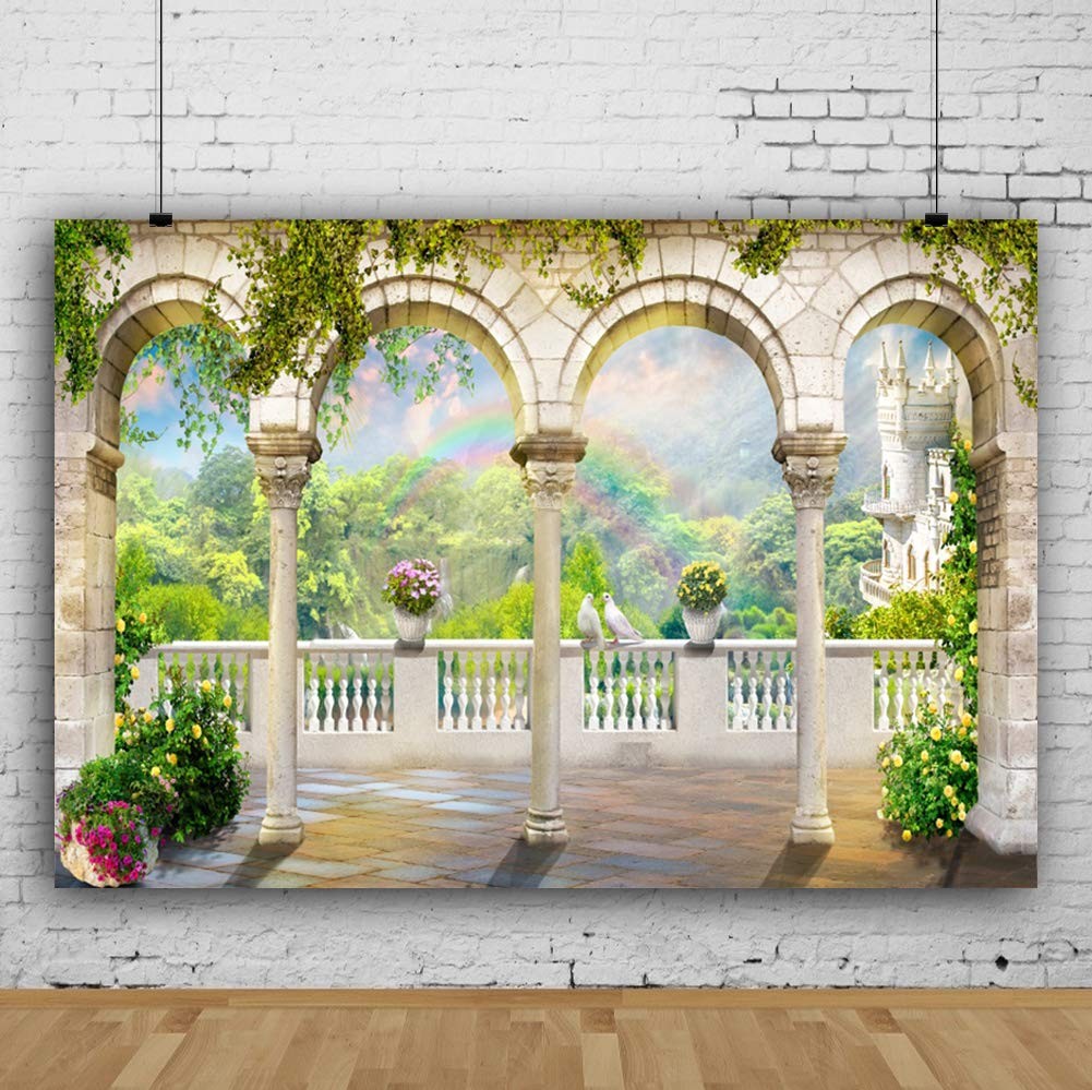 7×5 Ft Scenery Garden Arched Door Blue Sky Wedding Photography Backdrop Prop