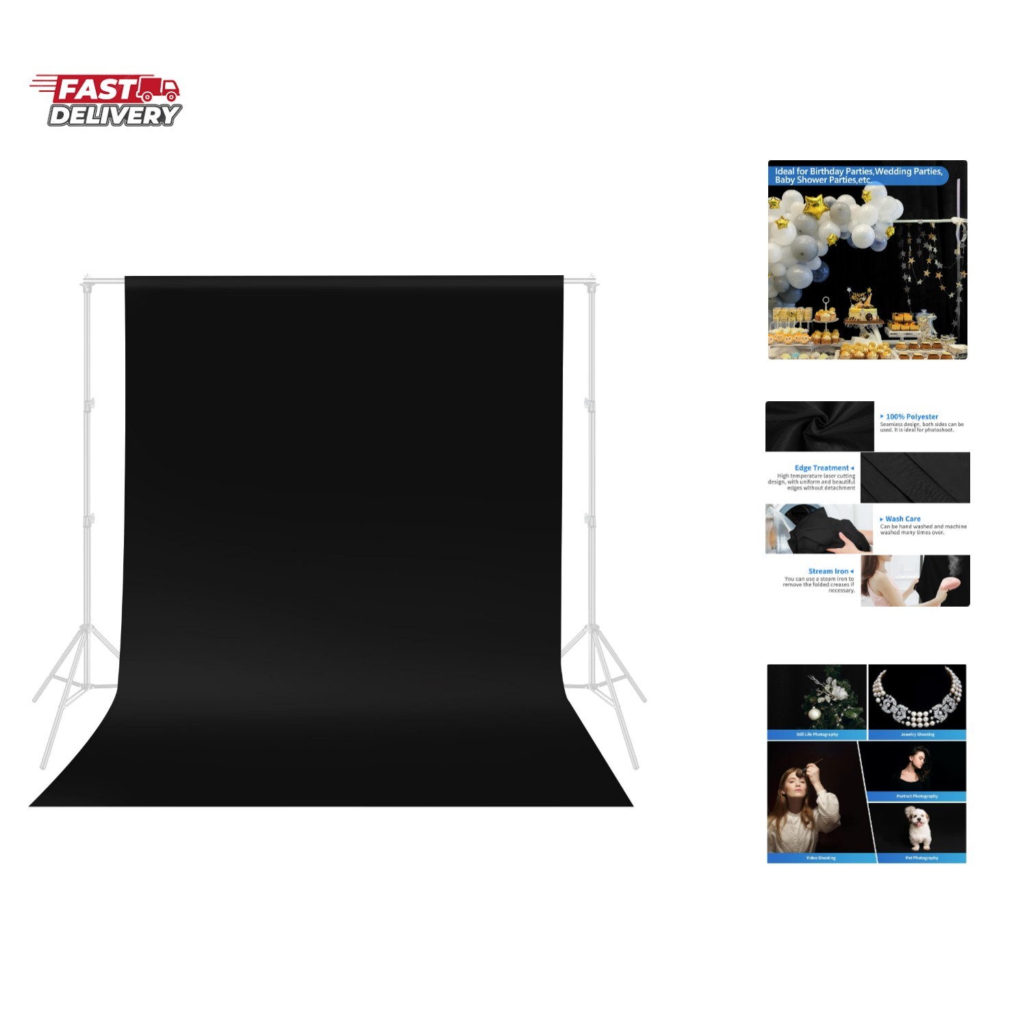 5×7 ft Black Photo Backdrop Curtain for Photoshoot, Birthday Party | Polyeste…