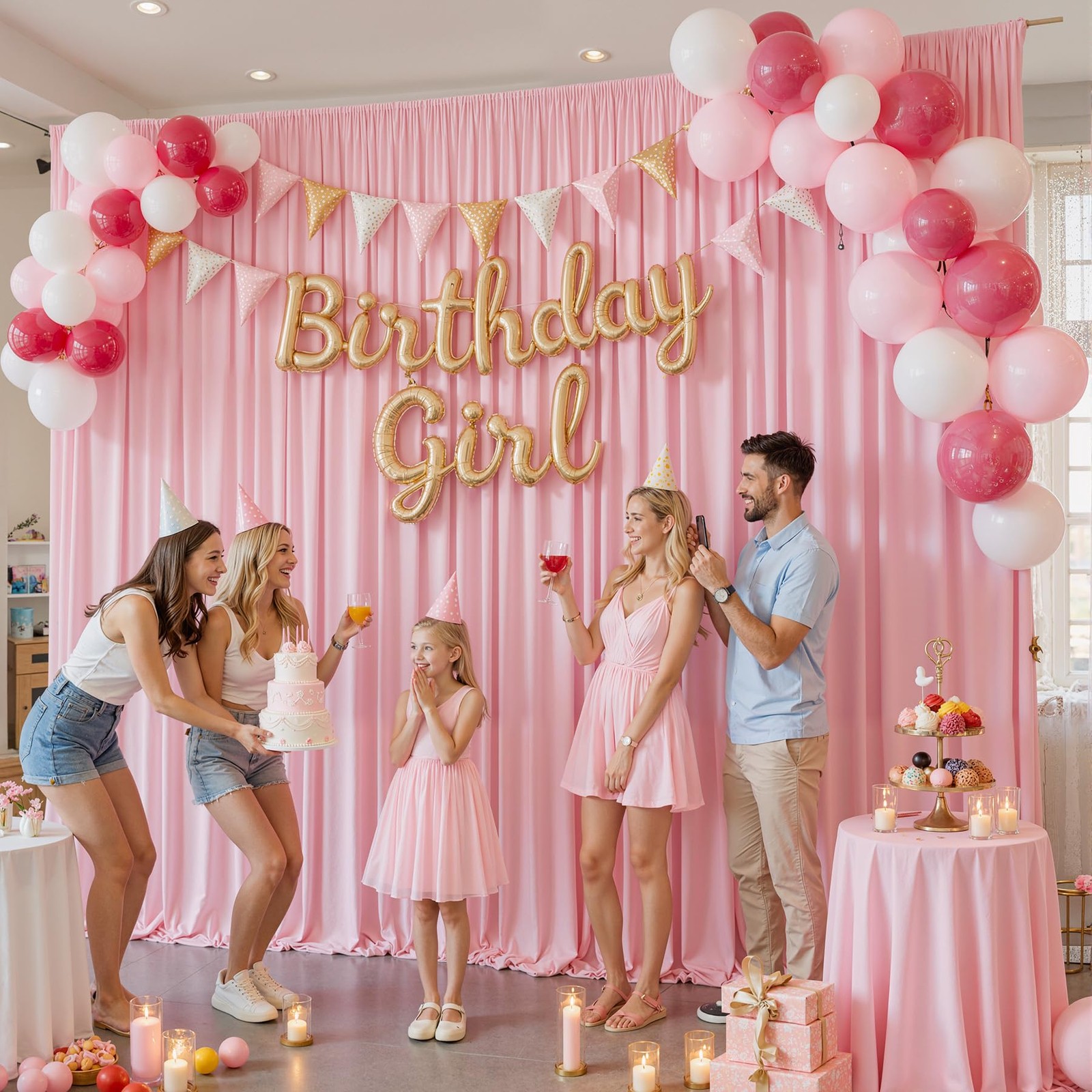 50ftx12ft Wrinkle Free Pink Backdrop Curtain, 5′(W) x 12′(H), 10 panels,
