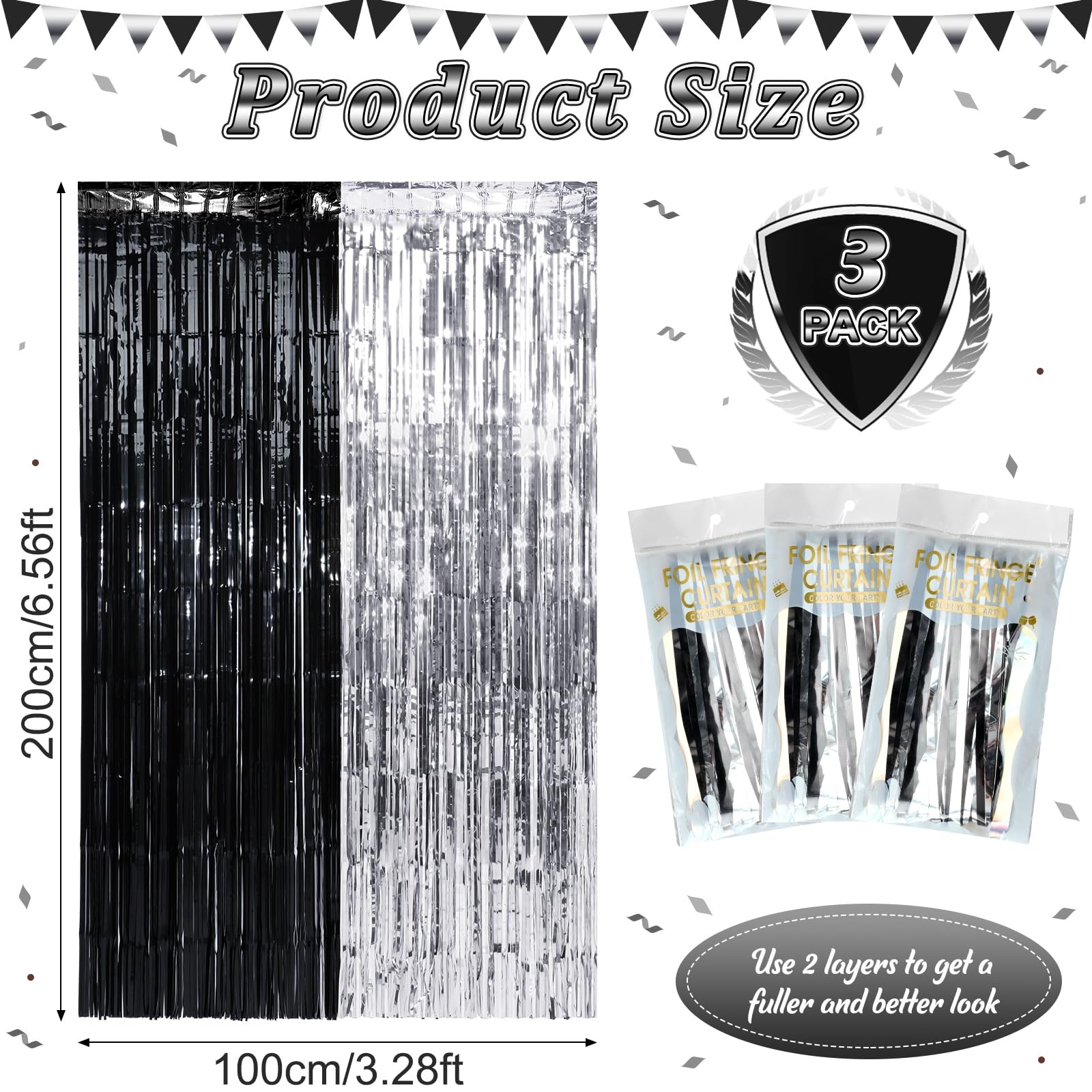 Black Silver Metallic Foil Fringe Tinsel Curtain Backdrop 3.3×6.6 Ft 3 PCS Set