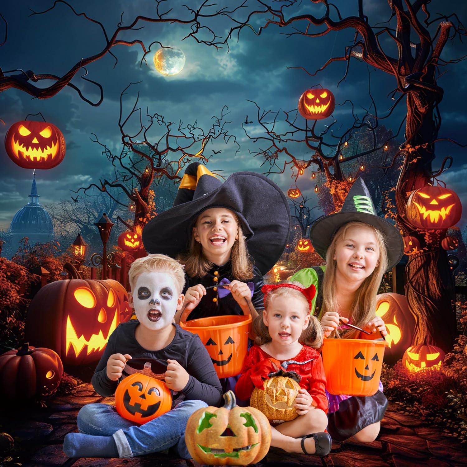 Halloween Backdrop 10x10ft Moon Night Scary Pumpkin Forest Photo Backdrops for