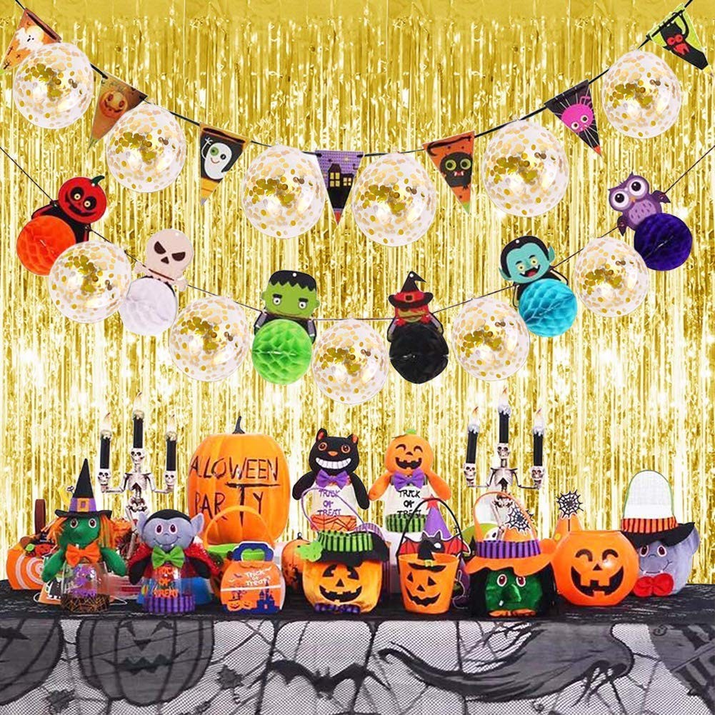 Black and Gold Tinsel Foil Fringe Curtains for New Year’s, Halloween, Graduation