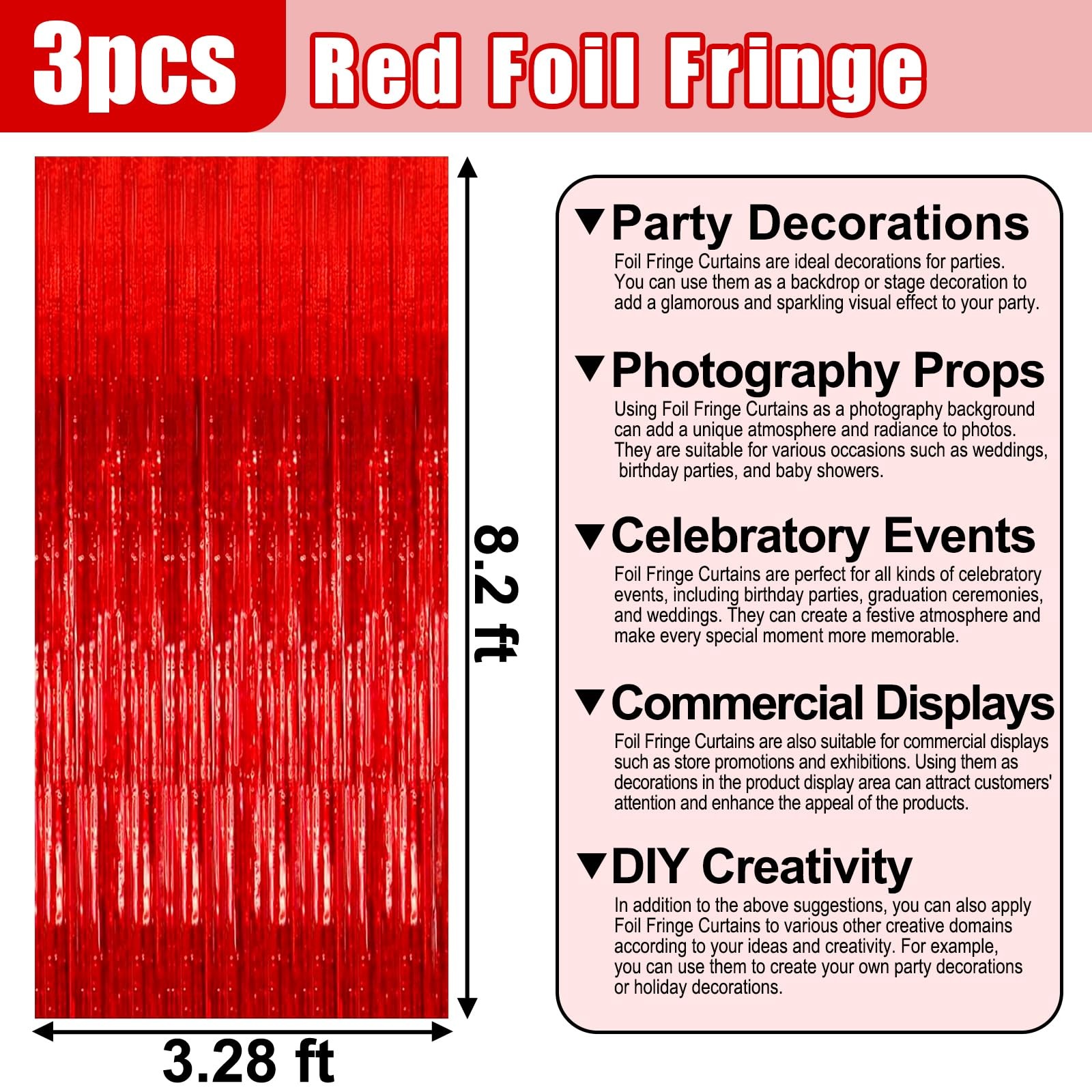 Red Metallic Tinsel Foil Fringe Curtains Party Photo Backdrop 8.2ft 3 PK