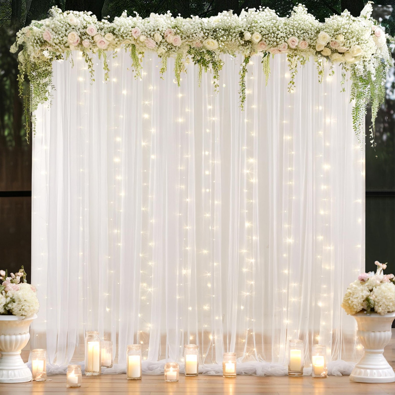 108ft White Tulle Curtain Backdrop With Lights String Wedding Party Drapes