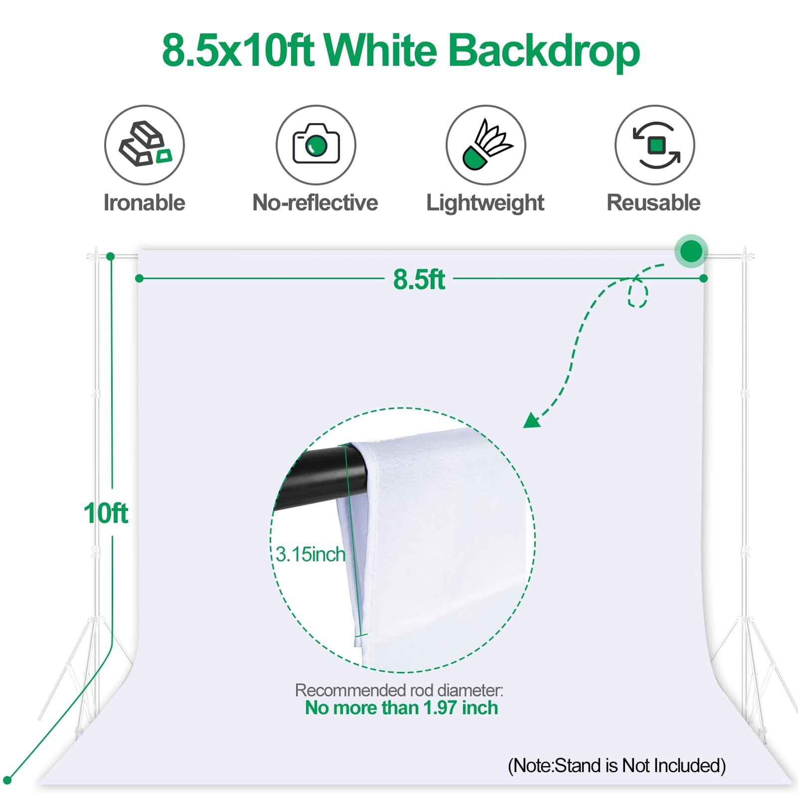8.5x10FT White Photography Backdrop Curtain Washable Photo Background