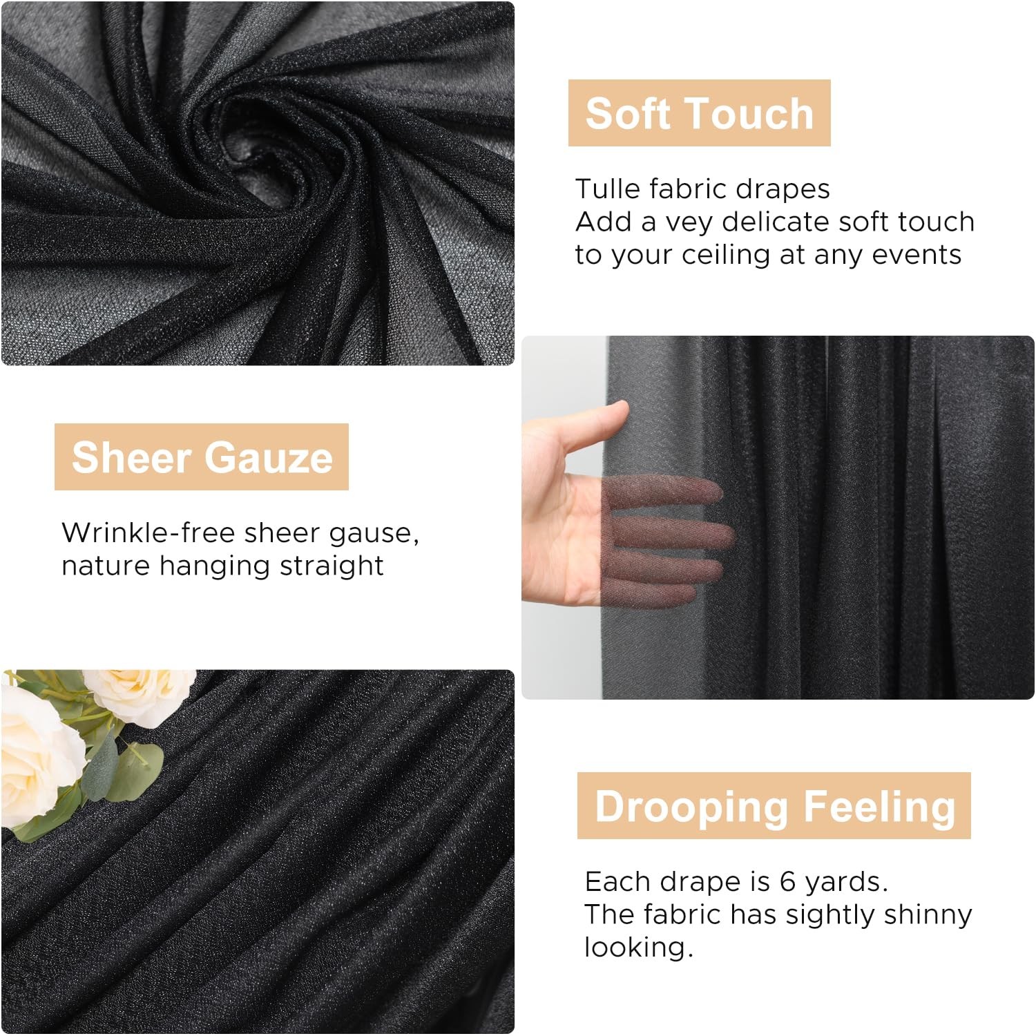 Wedding Arch Draping Fabric 28.7 x 20FT Black Sheer Backdrop for Ceremony, Bi…