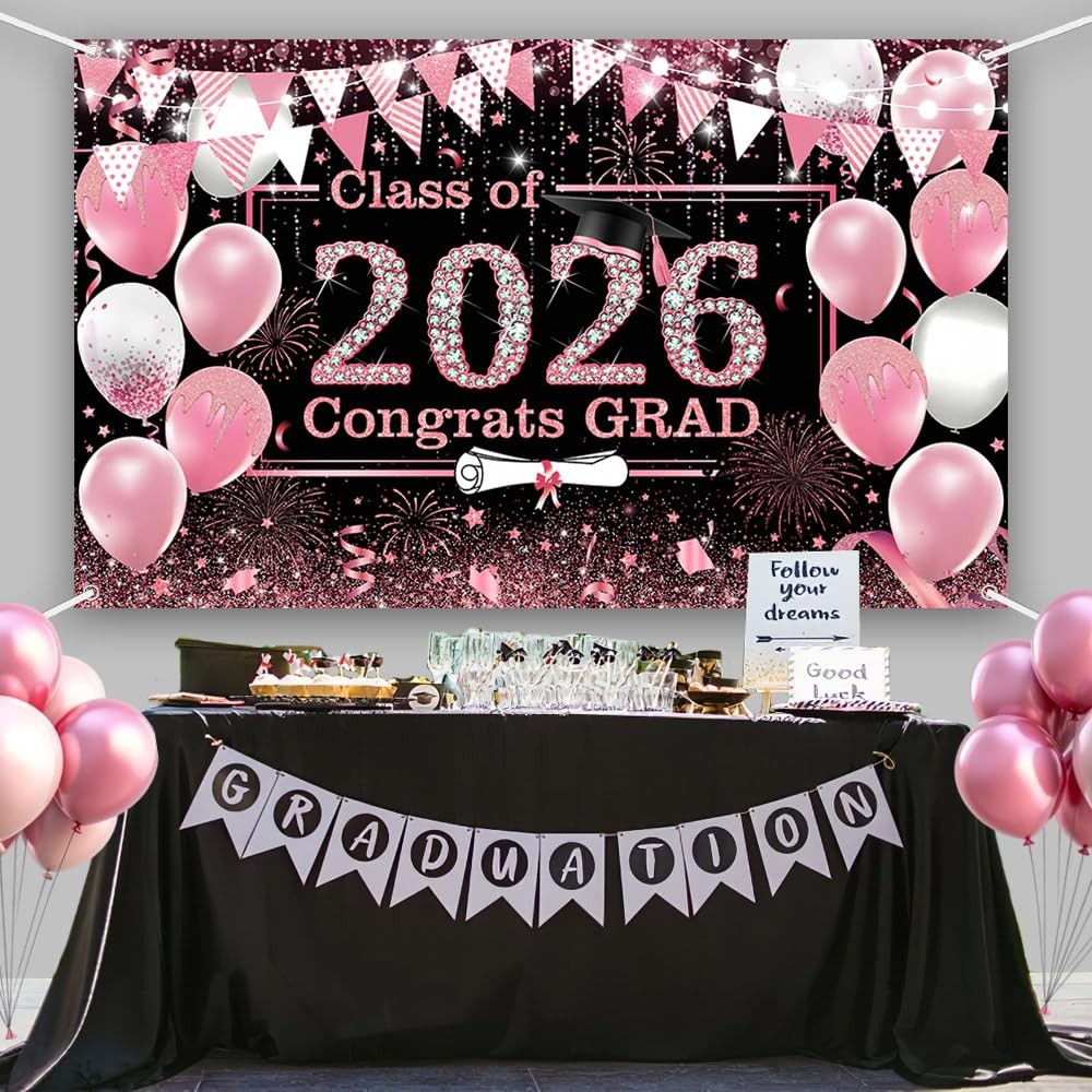 Pink Graduation Backdrop Decorations 2026 Pink Graduation Bnner Class of 2026…