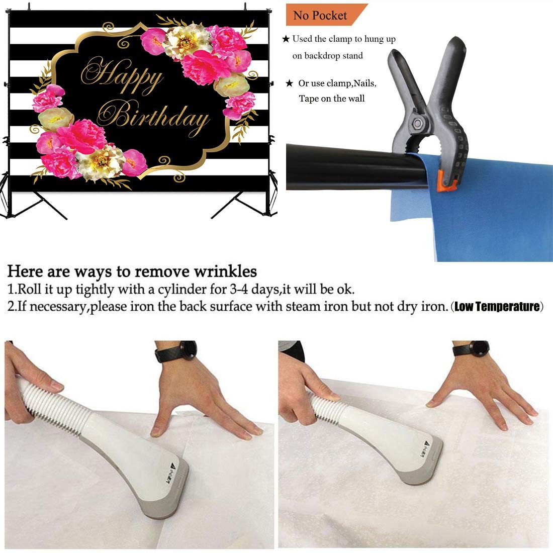 7x5ft Floral Happy Birthday Backdrop for Women Black White Stripe Background
