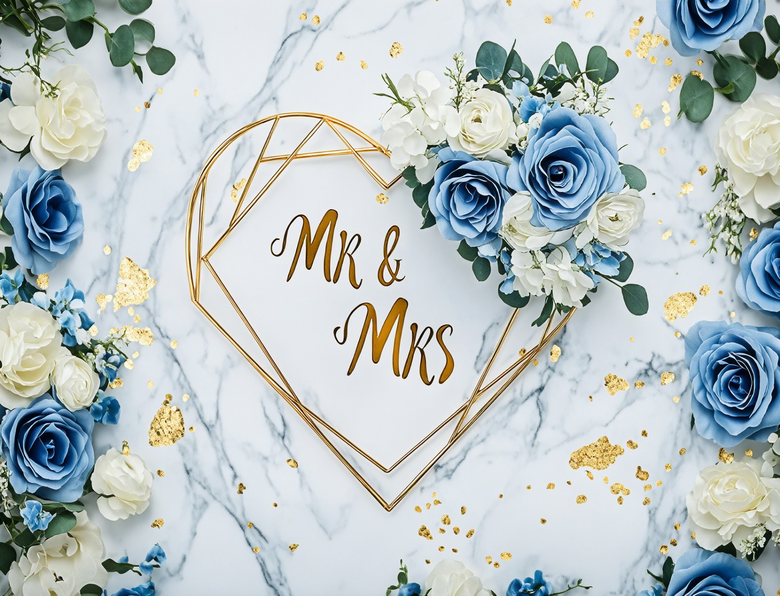 10x8ft Bridal Blue Floral Mr and Mrs Wedding Vinyl Backdrop Photo Background