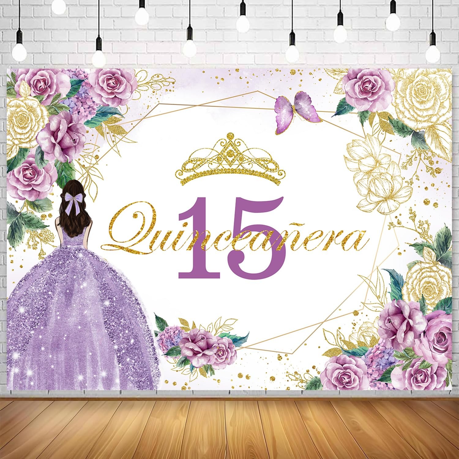 Withu Quinceañera 15 Birthday Backdrop Shiny Gold Purple Floral 7x5ft,