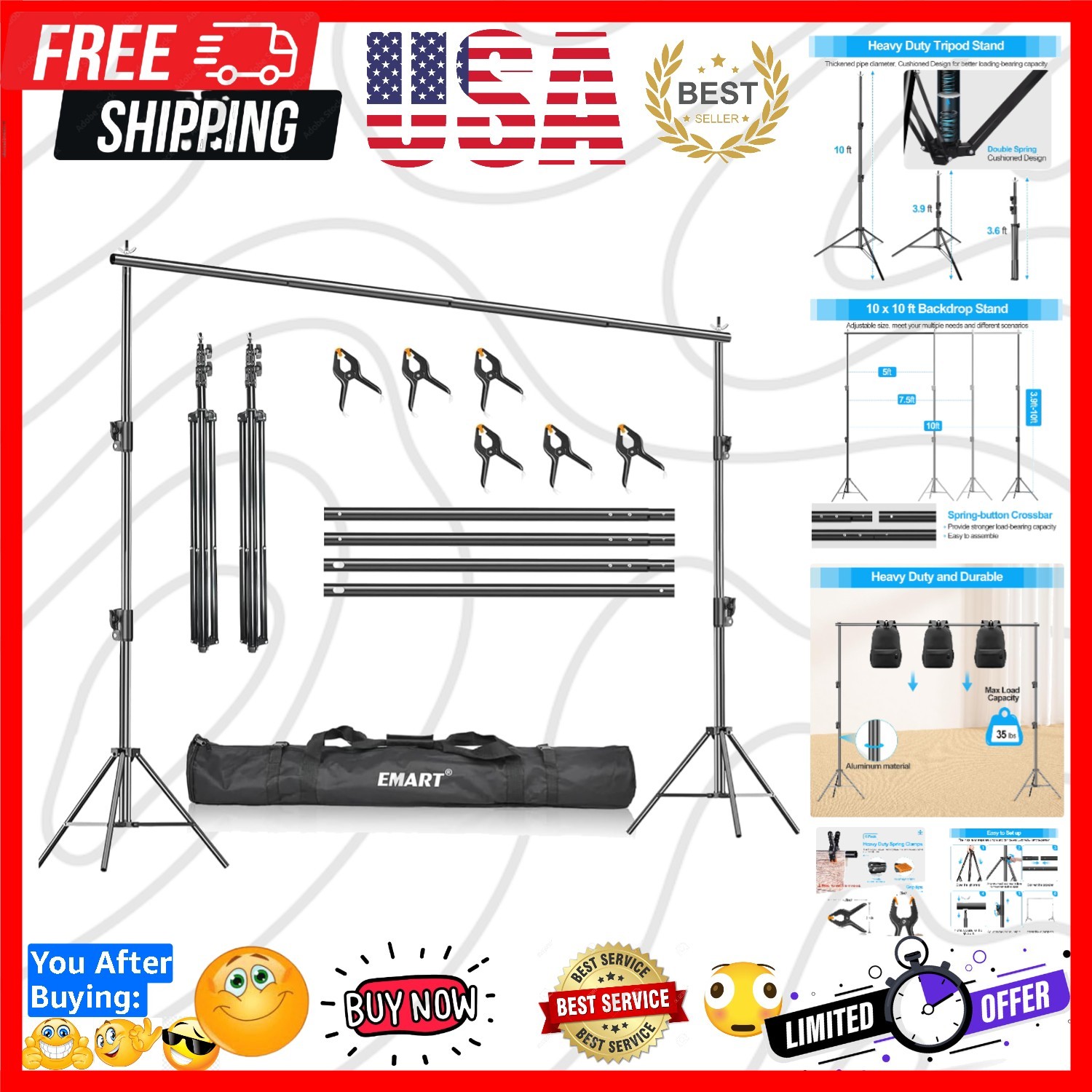 Heavy Duty Backdrop Stand, 10 x 10ft Adjustable Photo Background Support Syst…