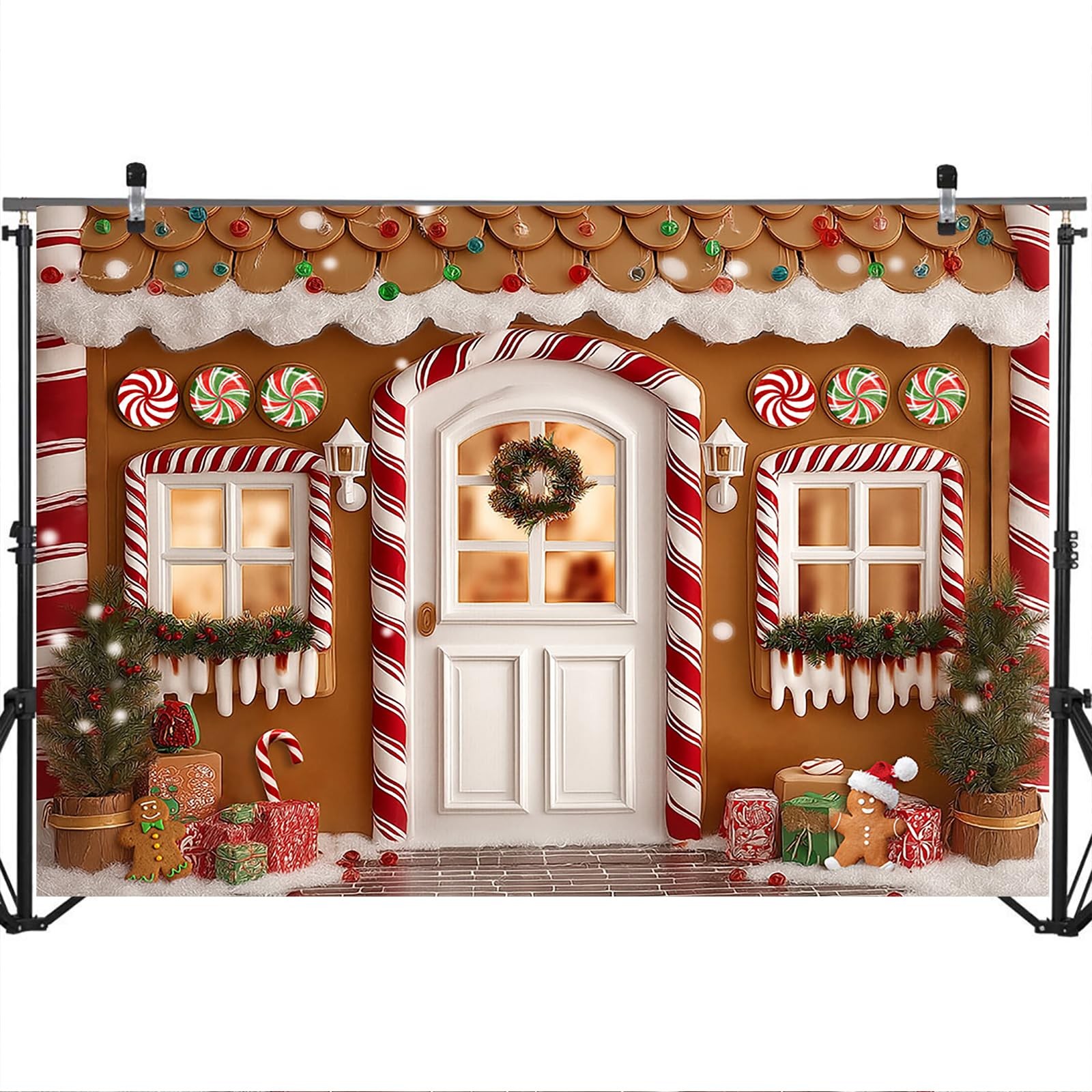 7x5FT Gingerbread Christmas Backdrop Candy Cane House Family Photo Props