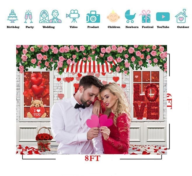8×6 FT Valentine Day Pink Rose Flower Brick Wall Wedding Backdrop D807